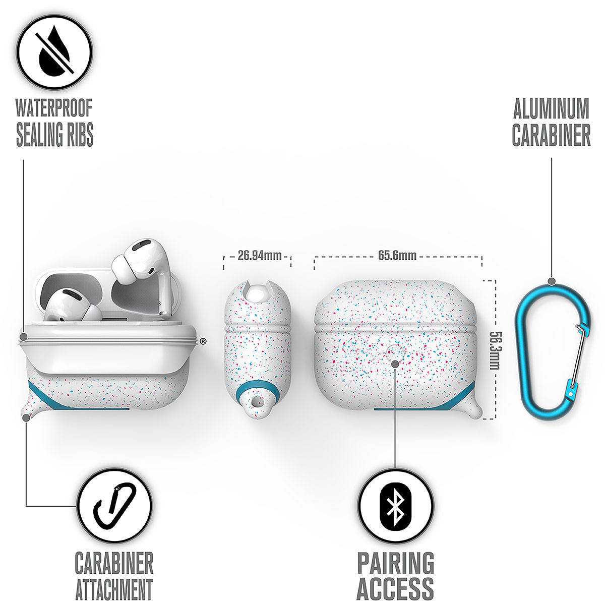 Diagramm einer sprenkeligen AirPods-Hülle mit Abmessungen, wasserdichtem Design, Karabiner und Kopplungstaste.