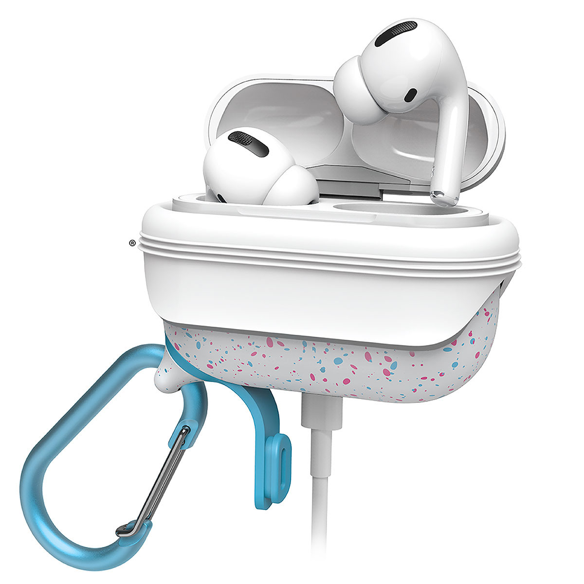 Weisse In-Ear-Kopfhoerer in einer bunt gesprenkelten Ladehaeufe mit blauem Karausche und Ladekabel.