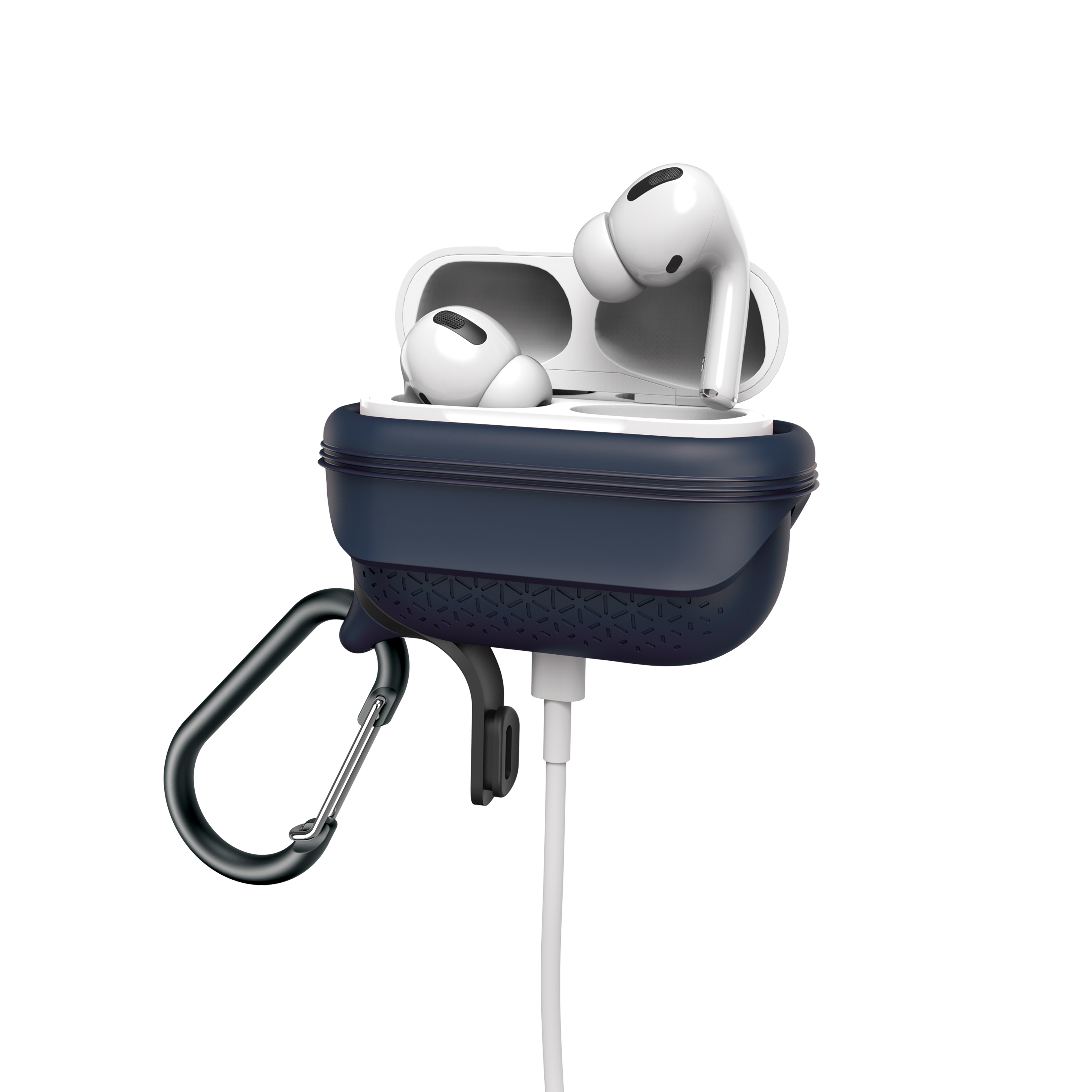 Weiße AirPods in einem blauen Silikon-Ladecase mit Ladekabel und Karabinerhaken auf weißem Hintergrund.