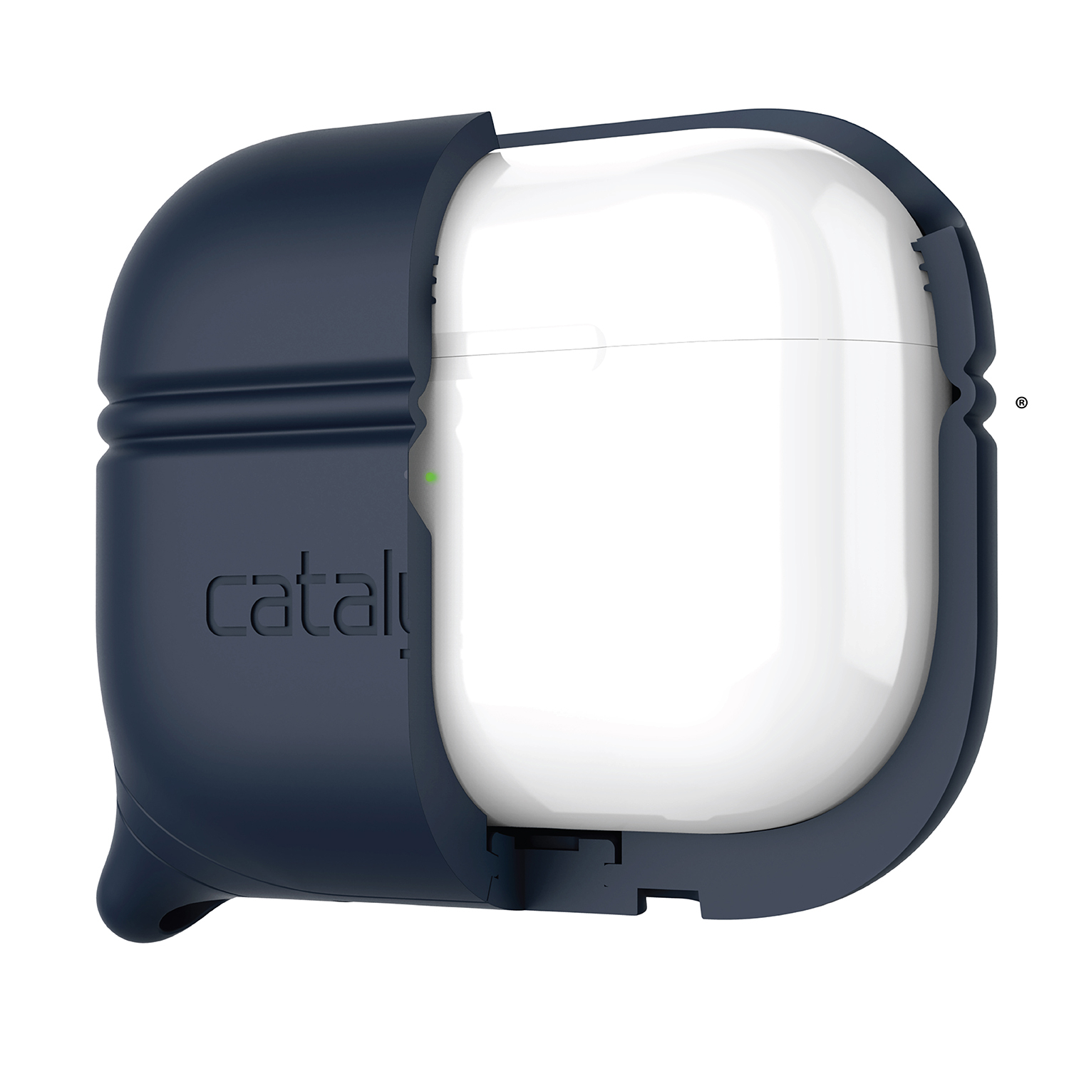 Ein weißes AirPods-Case ist teilweise von einer dunkelblauen Catalyst Silikonhülle vor weißem Hintergrund geschützt.