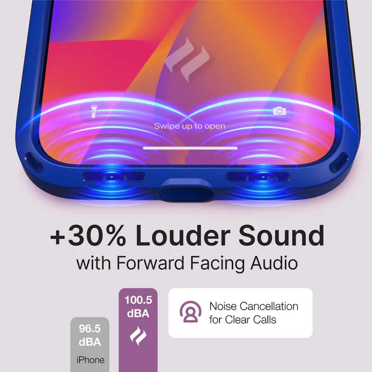 Smartphone in blauer Hülle mit Tonwellen, Text zeigt 30 Prozent lauteren Sound und Geräuschunterdrückung.
