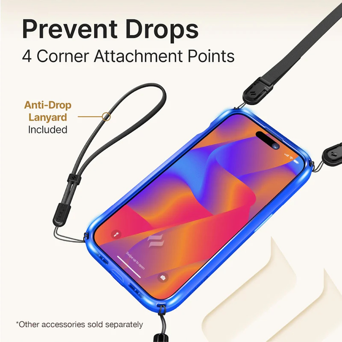Blaue Smartphone-Hülle mit vier Ecken für Umhängeband, inklusive Anti-Drop-Trageband.