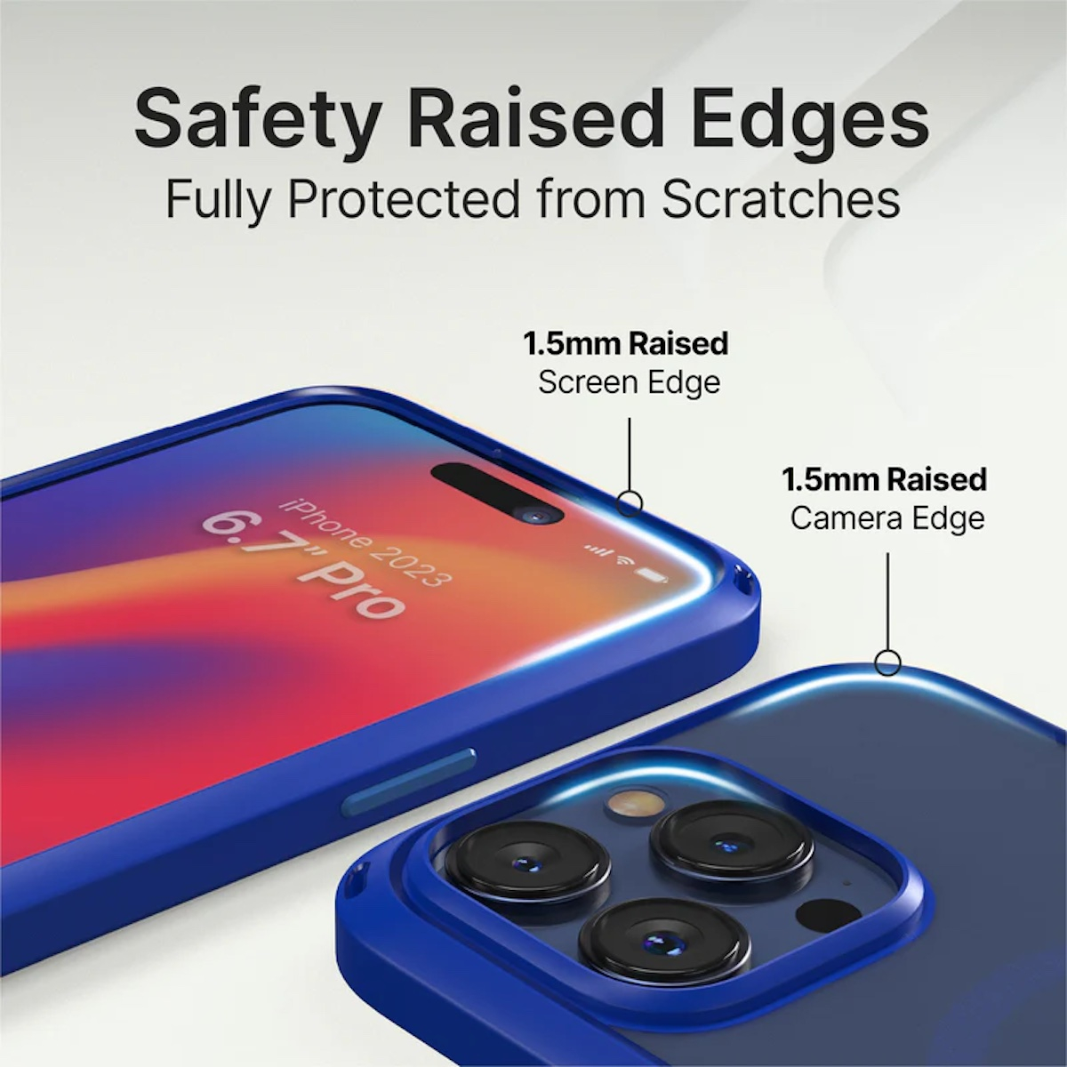 Blaue Smartphone-Hülle mit erhöhten Kanten zum Schutz von Bildschirm und Kamera.