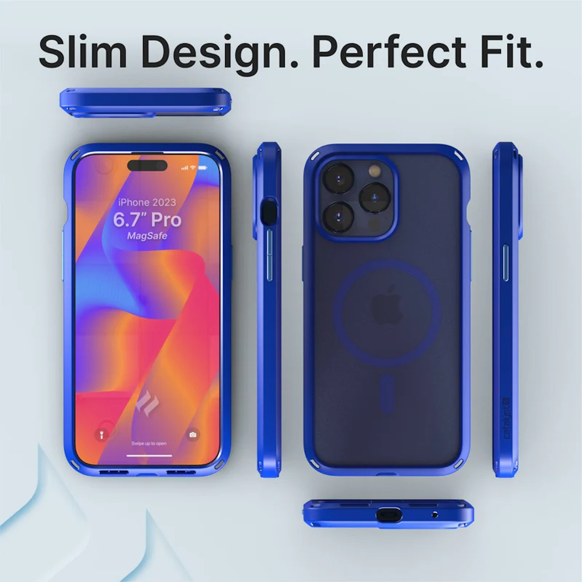 Blaues Handycover aus mehreren Winkeln um ein Smartphone gezeigt.