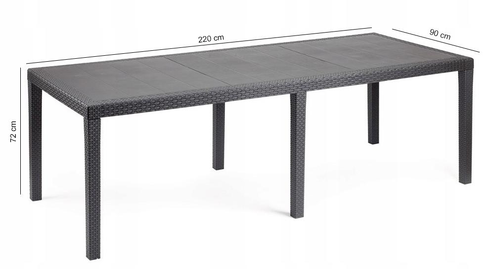 Prostokątny ciemnoszary stół ogrodowy z polirattanu o wymiarach 220 cm długości, 90 cm szerokości i 72 cm wysokości.