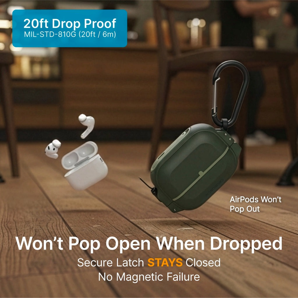 Grüne Schutzhülle für AirPods in der Luft über Holzfußboden mit Text bezüglich Fallschutz und sicherem Verschluss.