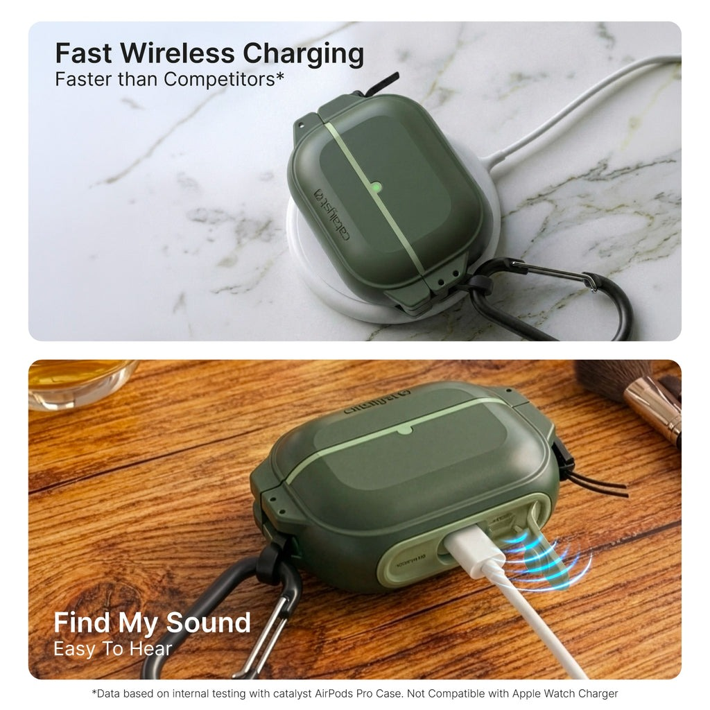 Grüne AirPods-Pro-Hülle auf kabellosem Ladegerät und Holzoberfläche mit Ladekabel.