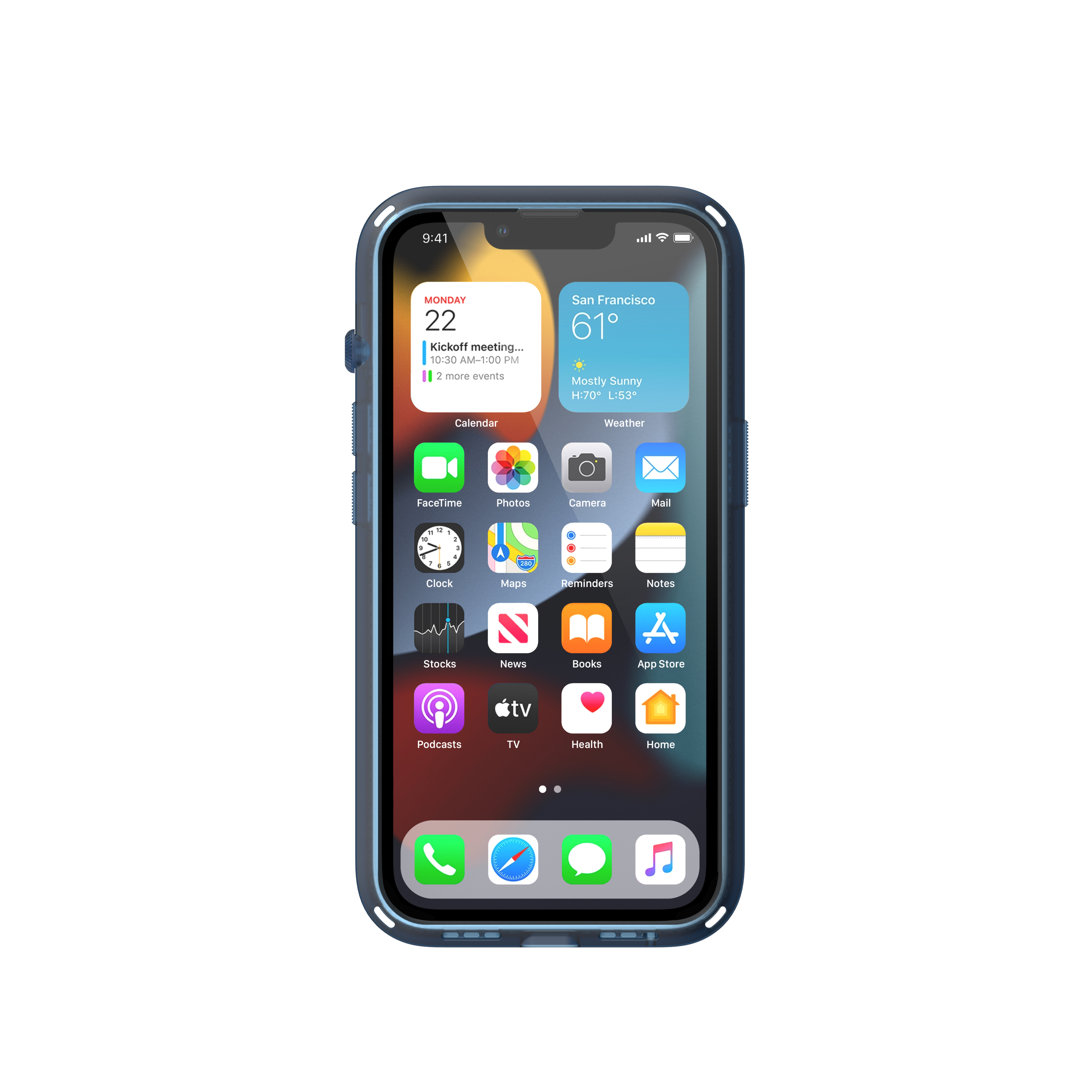 Ein Smartphone in einer dunkelblauen Hülle zeigt den Homescreen mit bunten App-Symbolen, Uhrzeit und Wetter-Widgets.