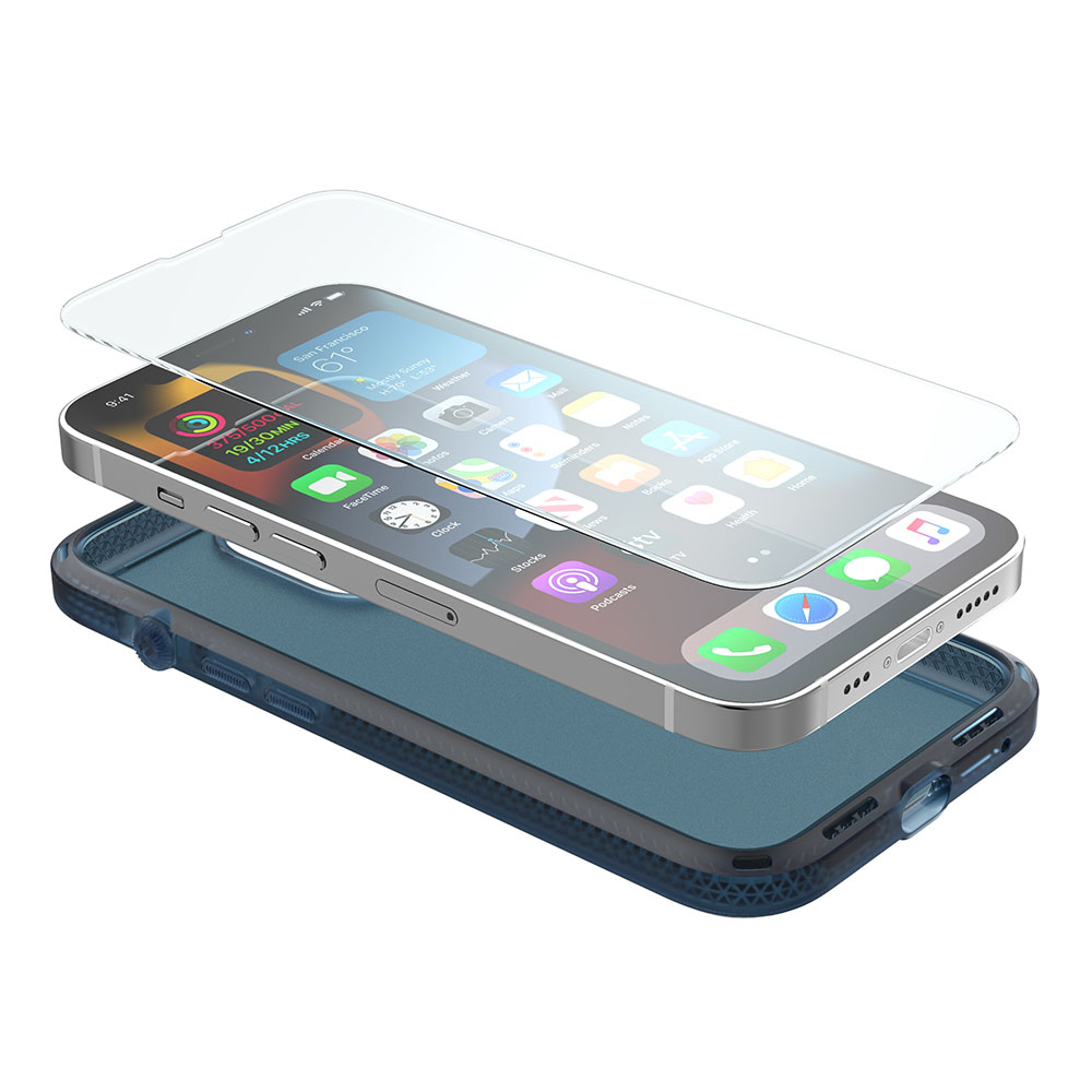 Smartphone über einer blauen Schutzhülle, eine Schutzfolie schwebt darüber.