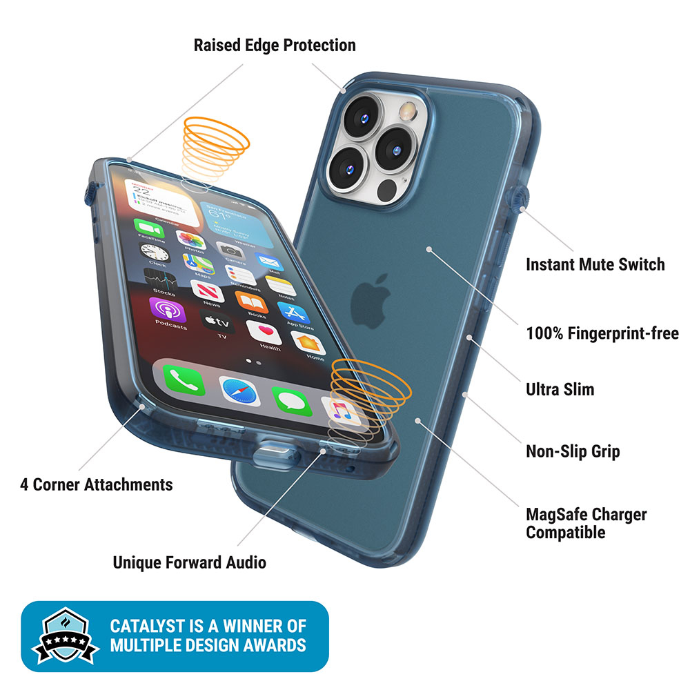 Blaue iPhone-Hülle mit Funktionsetiketten wie Kanten- und Kameraschutz, MagSafe-Kompatibilität und rutschfestem Griff.