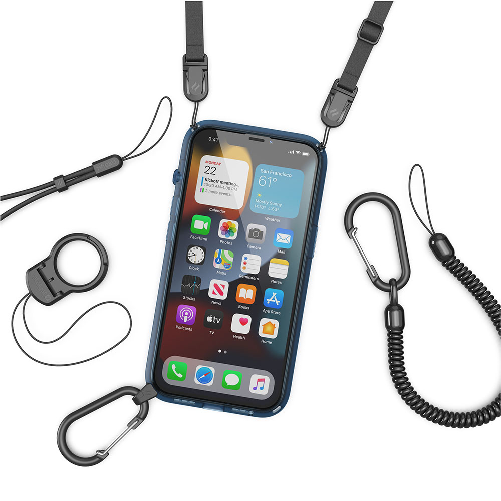 Smartphone in blauer Hülle mit Umhängeband, Karabiner und Spiralkabel auf weißem Hintergrund.