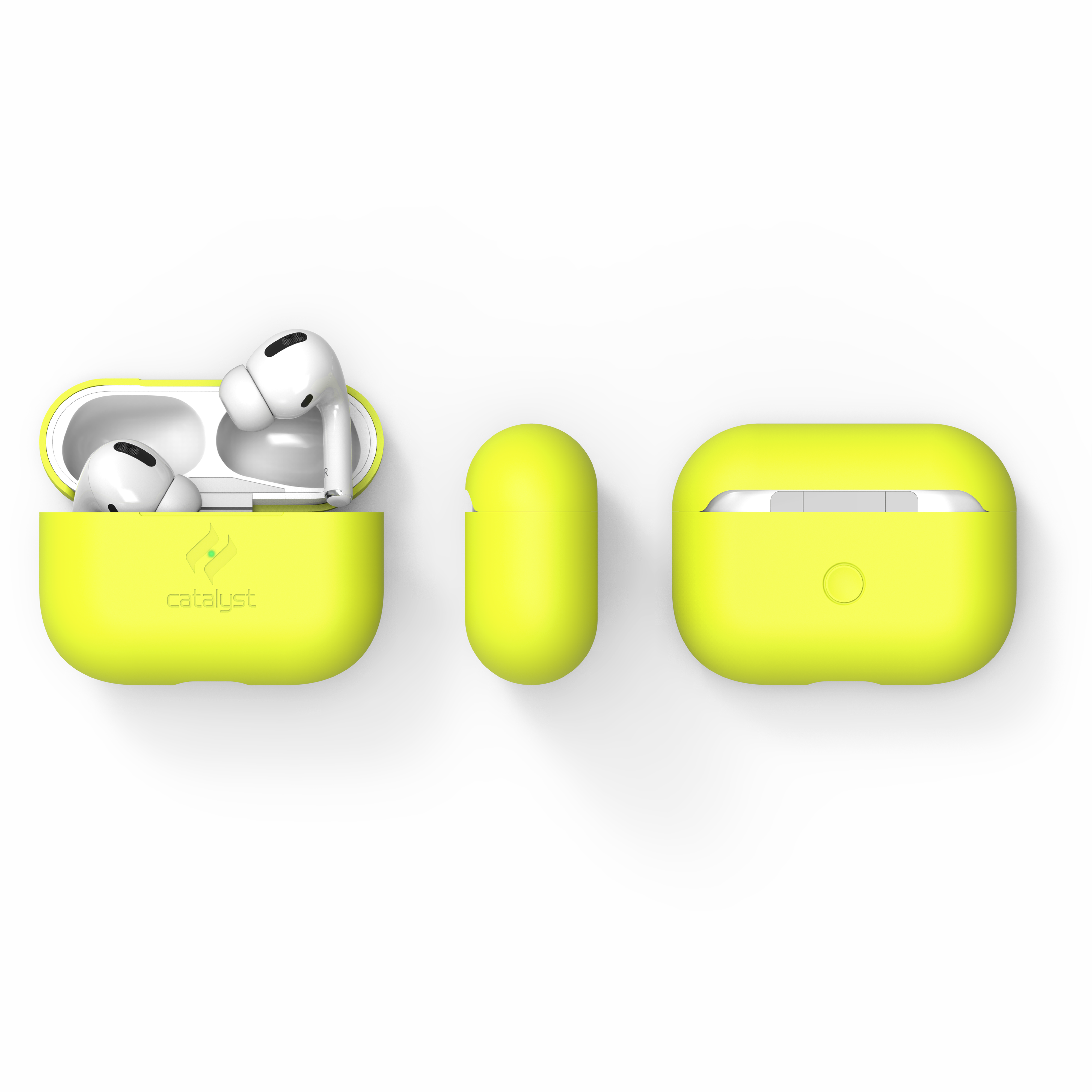 Drei gelbe Apple AirPods Pro Schutzhüllen vor schwarzem Hintergrund, eine davon mit offenen Kopfhörern.