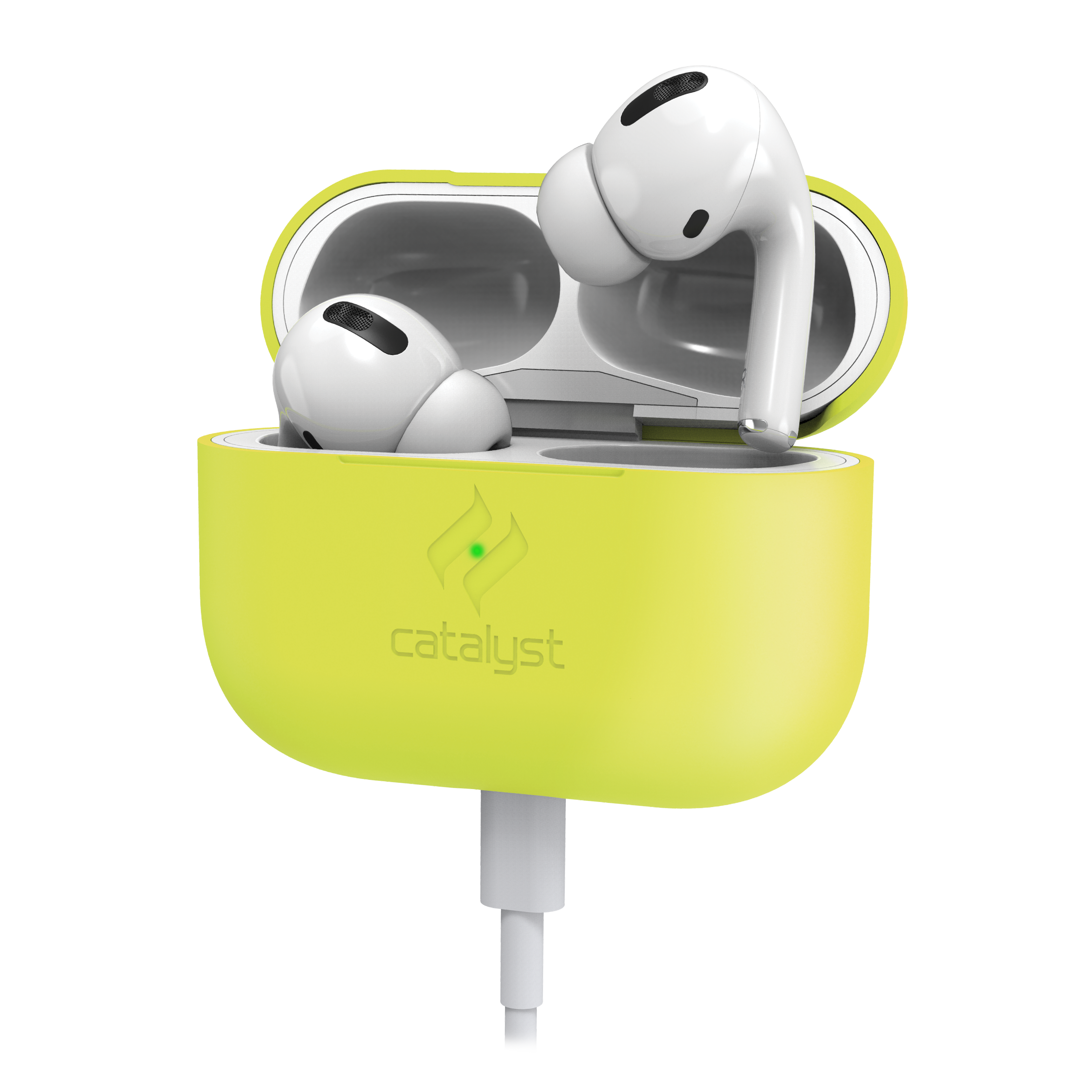 Weisse In-Ear-Kopfhörer in einem offenen gelben Catalyst-Ladeetui, verbunden mit einem weissen Ladekabel.