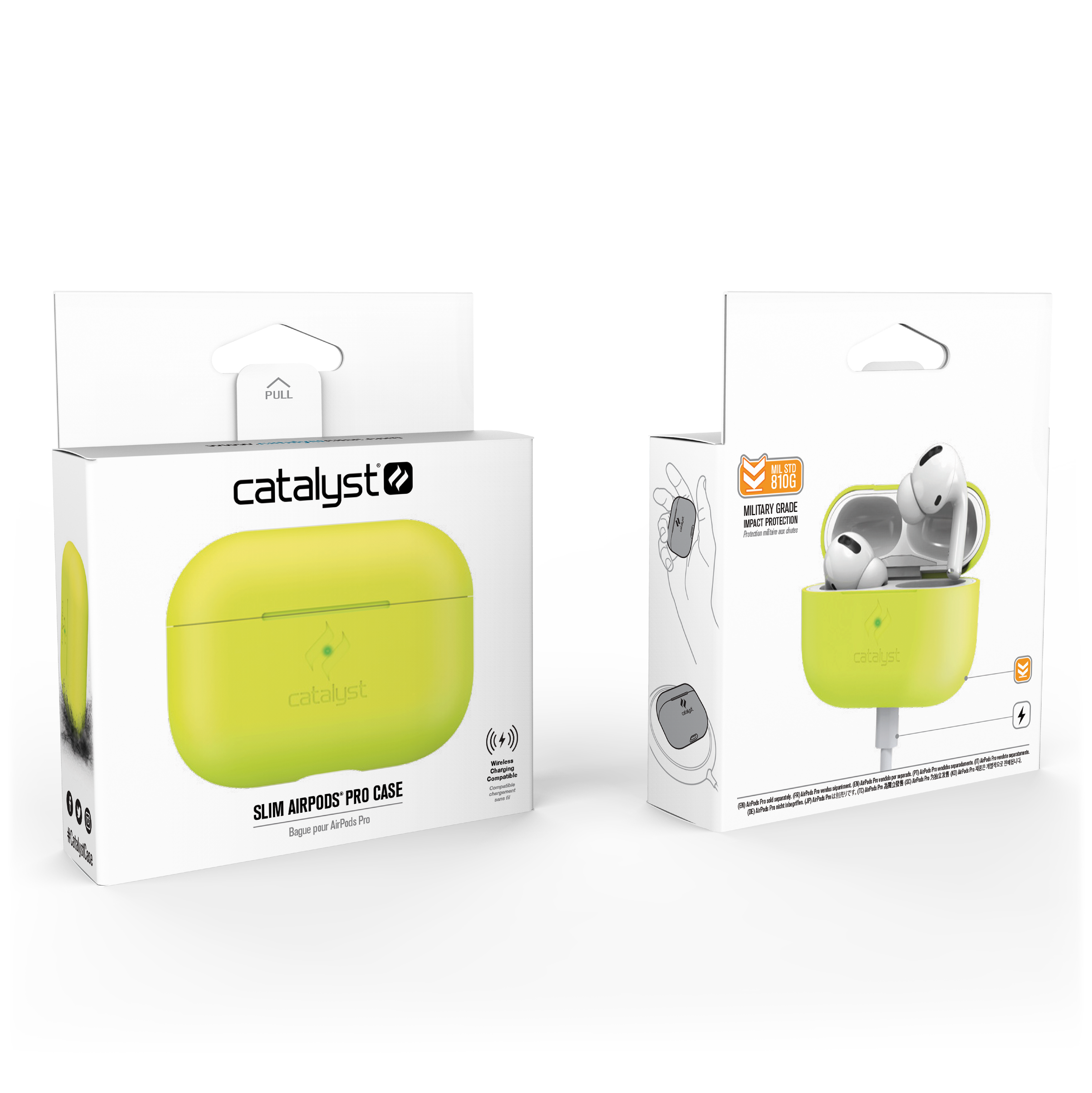 Zwei weiße Verpackungen für Catalyst Slim AirPods Pro Hüllen in neongelb auf schwarzem Hintergrund.