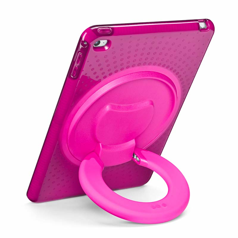Ein pinkes Tablet in einer strukturierten Schutzhülle mit rundem Ringständer auf der Rückseite auf weißem Grund.