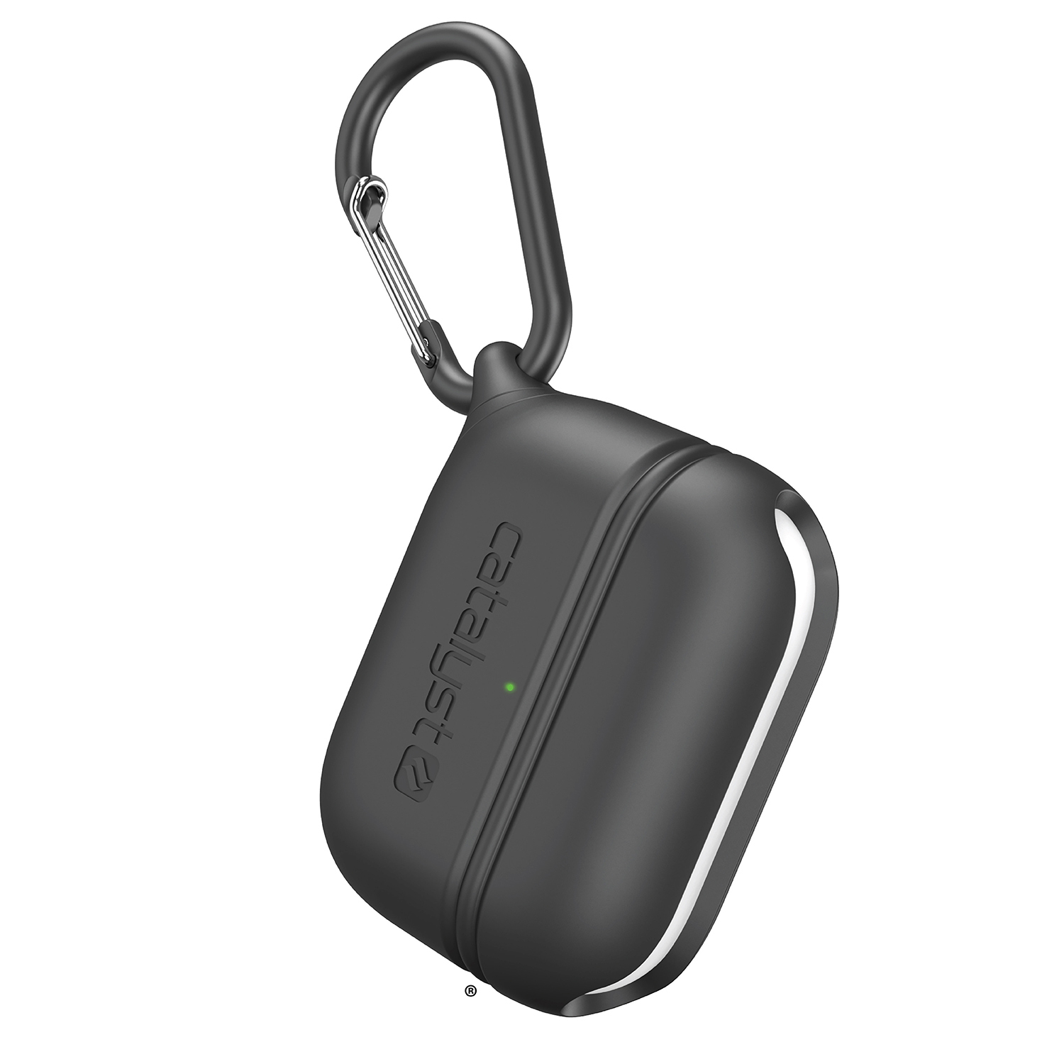 Schwarze Catalyst Schutzhülle für AirPods Pro mit Karabinerhaken gegen weißen Hintergrund.