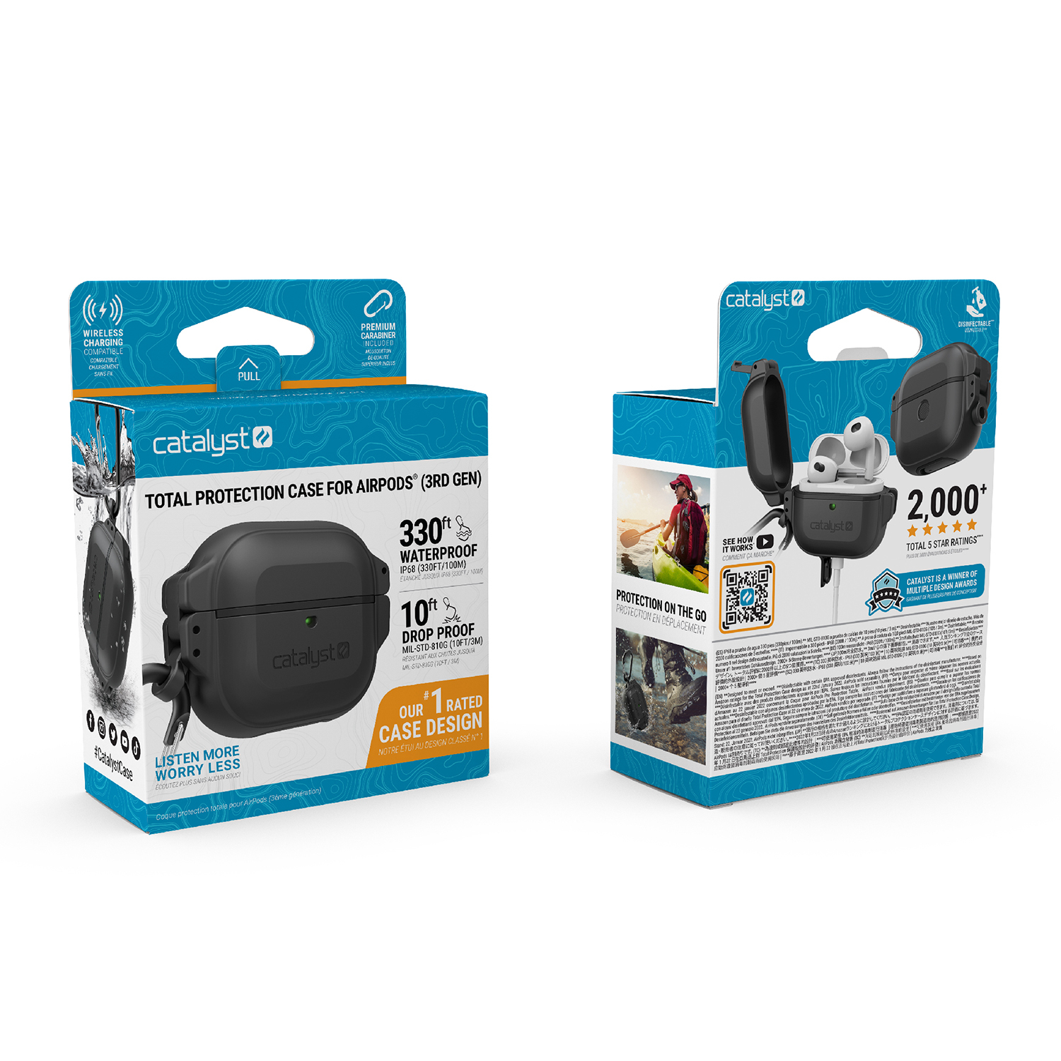Verpackung der Catalyst Total Protection Hülle für AirPods der 3. Generation, blau-weiß mit Produktbildern.