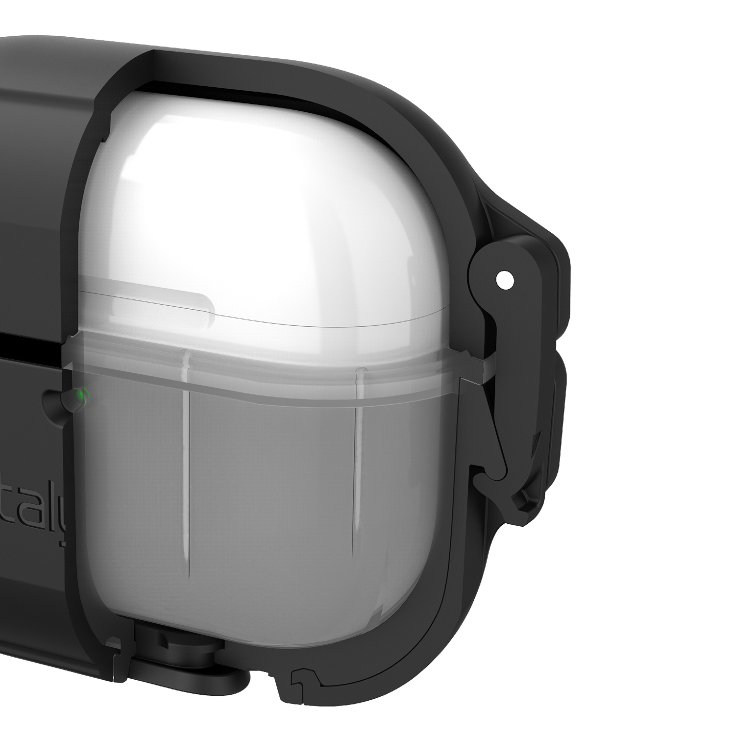 Eine weiße AirPods-Ladehülle in einer schwarzen, robusten Schutzhülle mit sichtbarem LED-Licht.