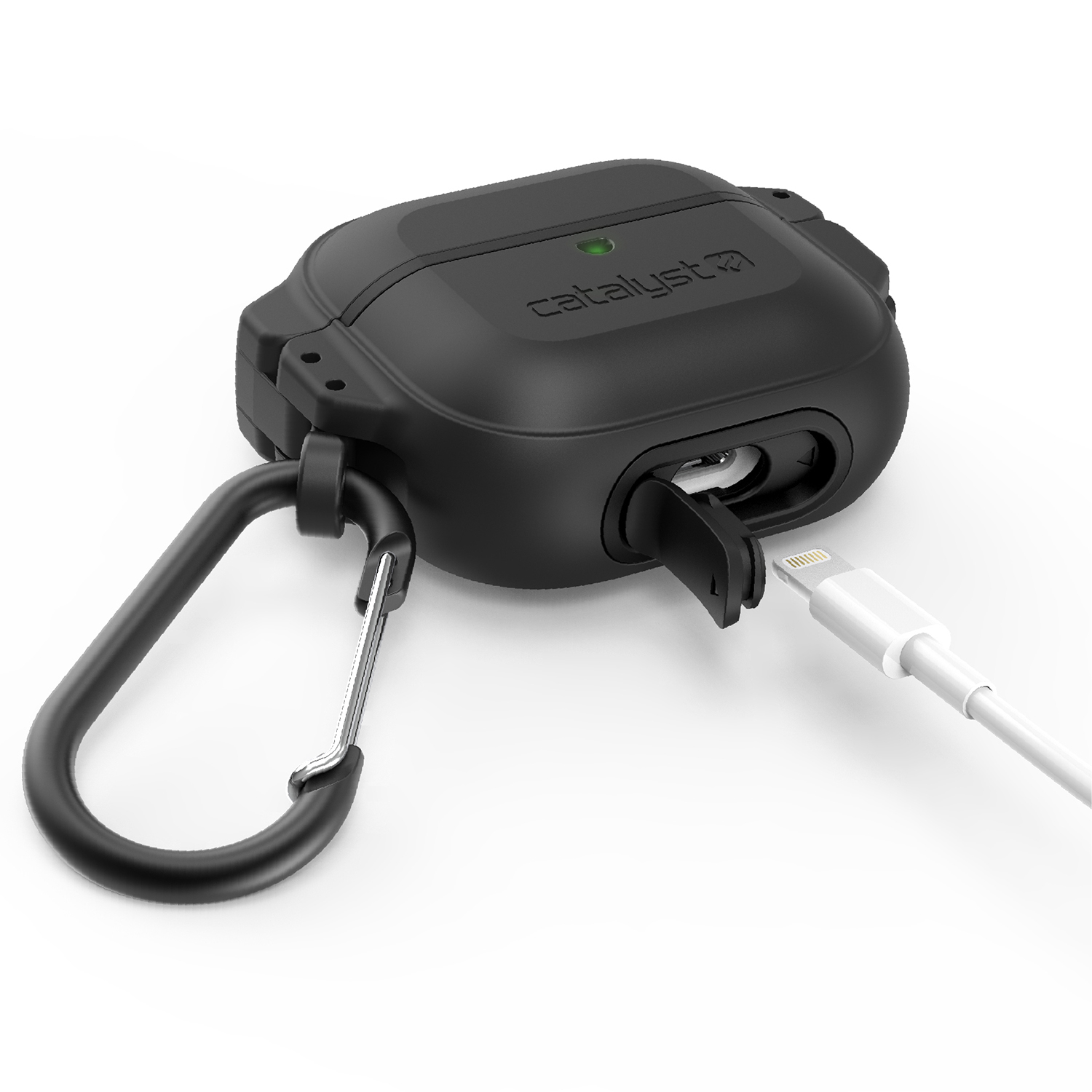 Schwarze Catalyst AirPods Hülle mit Karabiner, offener Ladeanschluss und weißes Kabel.