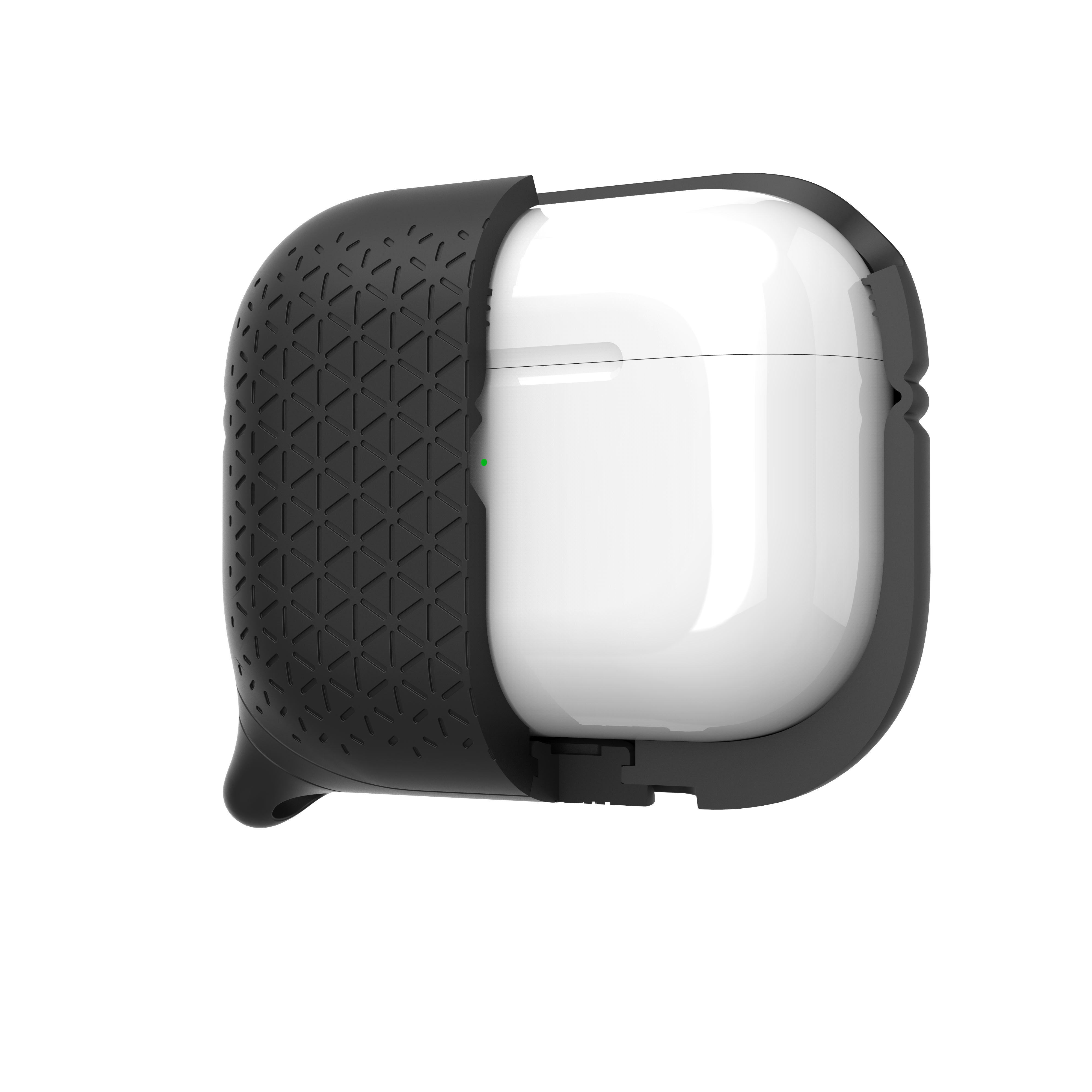 Ein weißes AirPods-Ladecase in einer schwarzen Schutzhülle mit geometrischem Muster vor weißem Hintergrund.