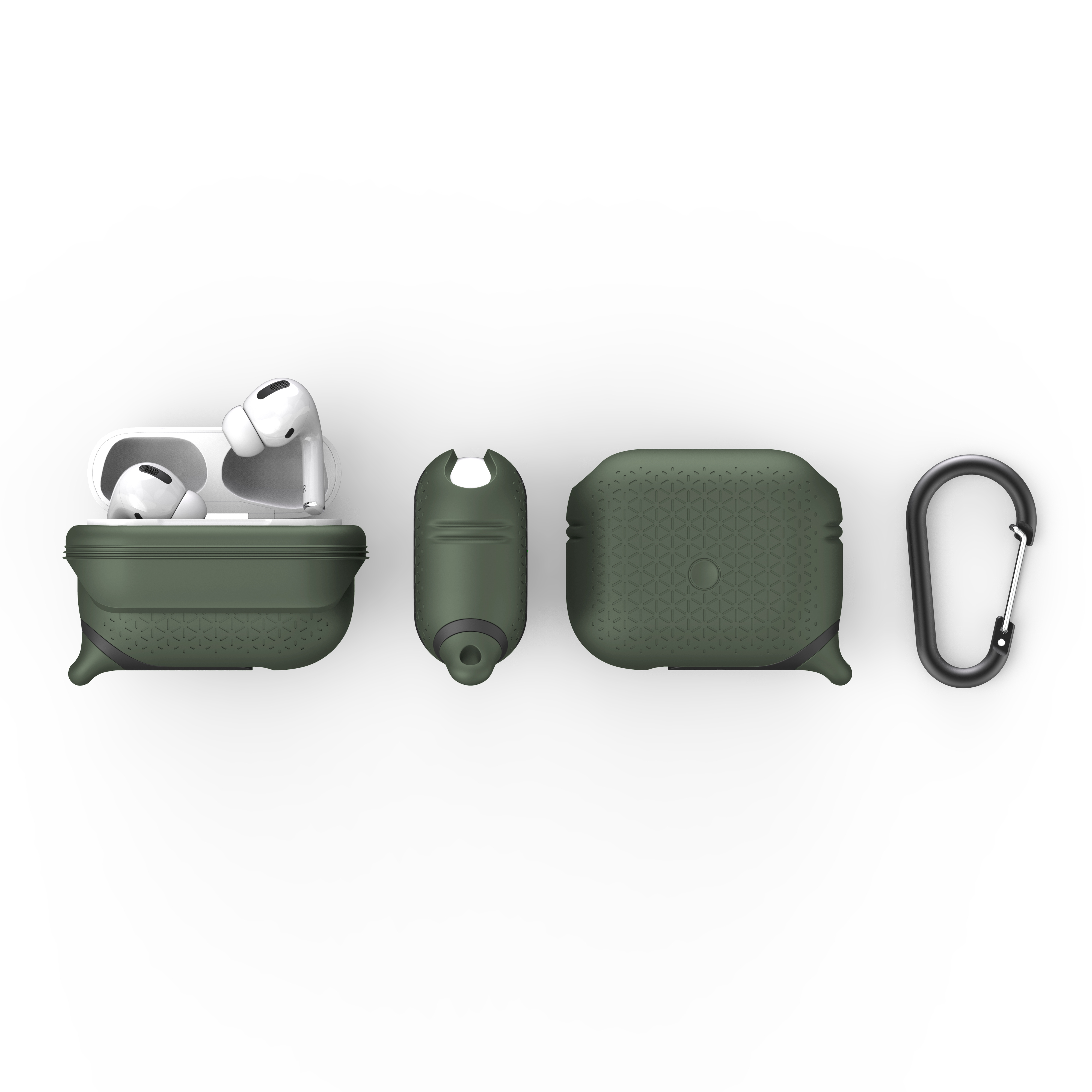 Grüne AirPods-Hülle mit offenem Case, Kopfhörern, geschlossenen Ansichten und einem schwarzen Karabinerhaken.