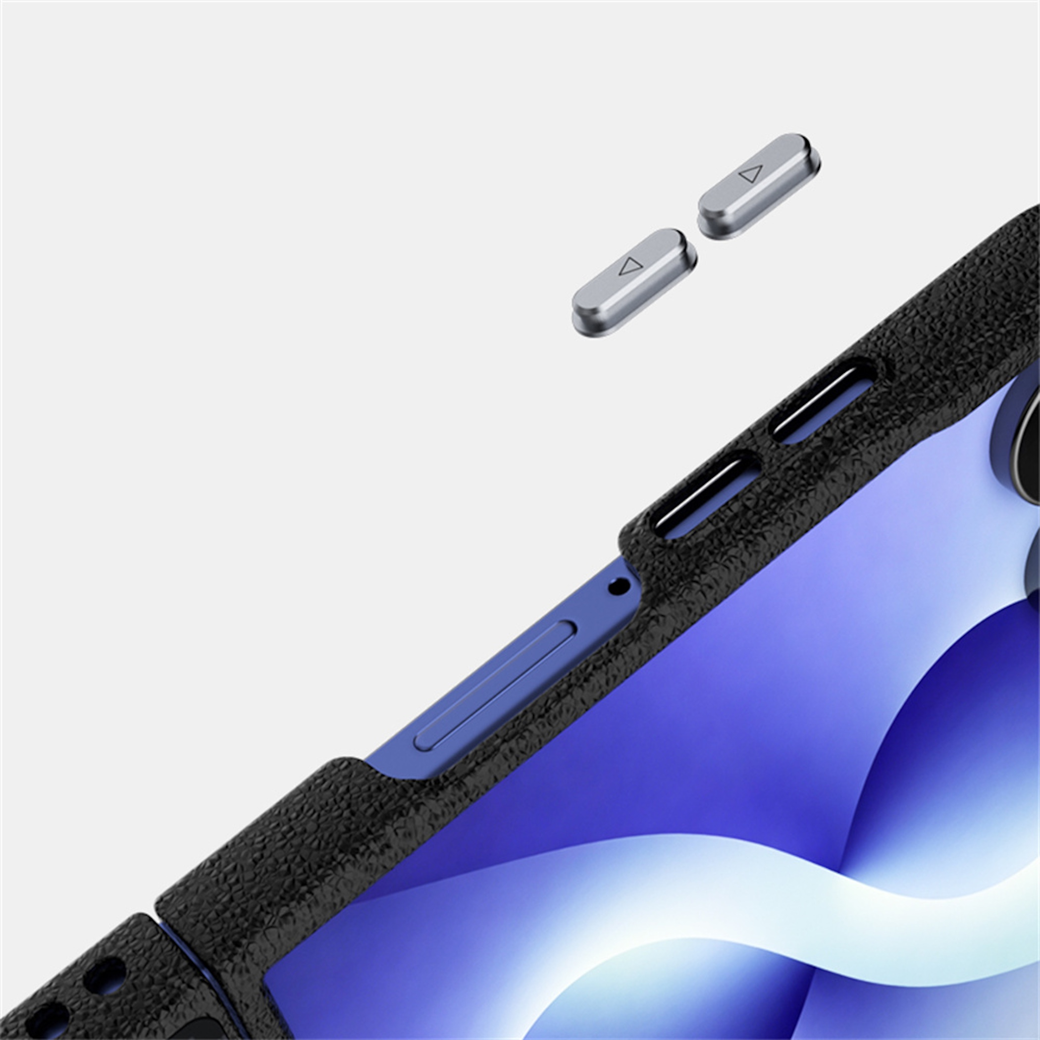 Blaue Telefonhülle mit zwei abnehmbaren silbernen Tasten auf hellem Hintergrund.
