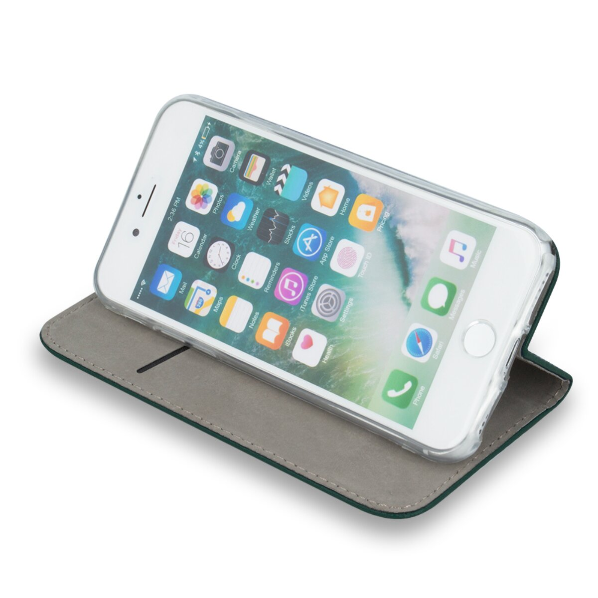 Ein weißes Smartphone in einer grauen Schutzhülle mit sichtbarem Bildschirm auf weißem Hintergrund.