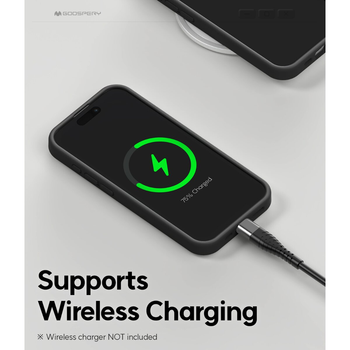 Ein schwarzes Smartphone wird geladen, während Text anzeigt, dass kabelloses Laden unterstützt wird.