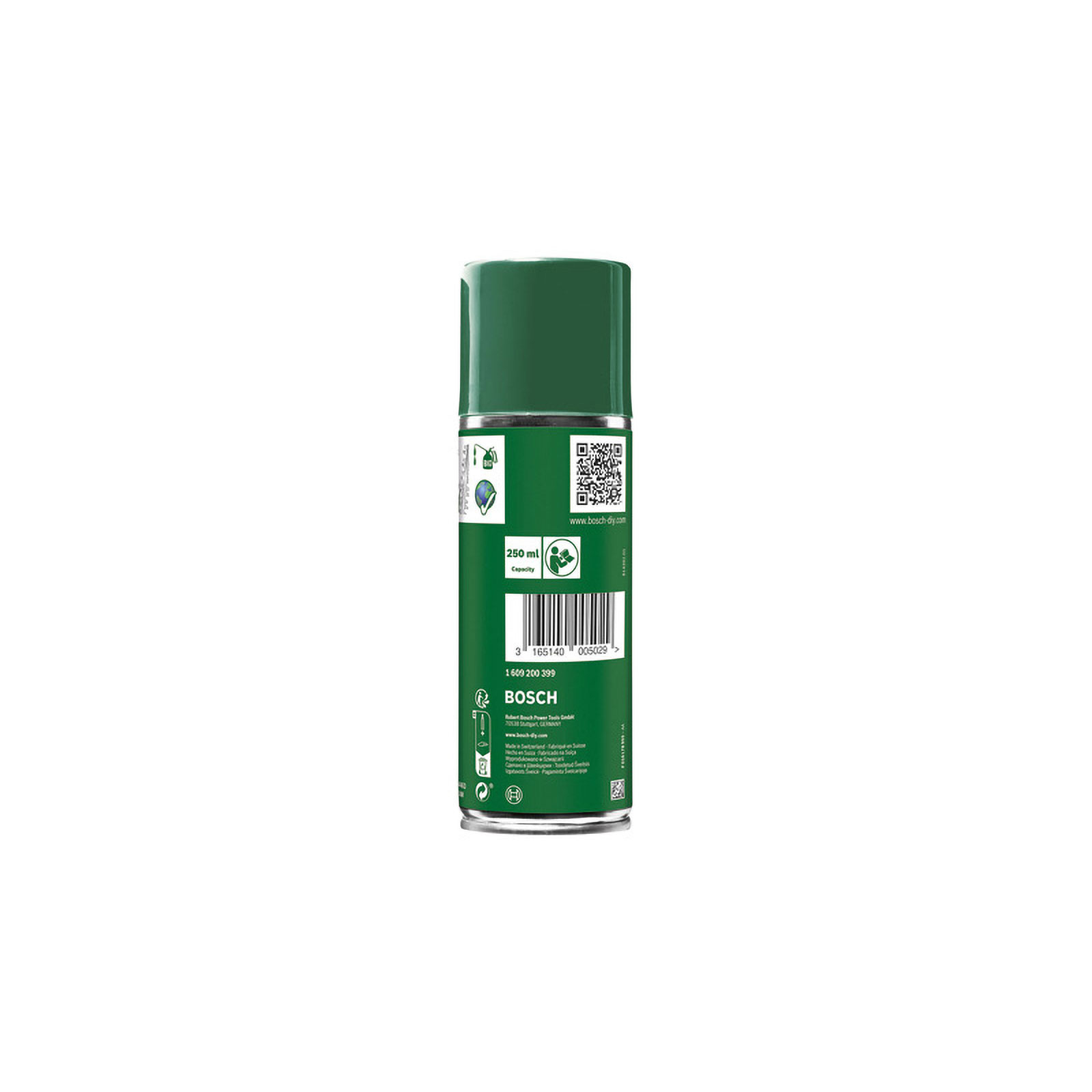 Eine grüne Bosch-Sprühdose mit 250 ml Inhalt, Barcode und Herstellerinformationen auf weißem Hintergrund.