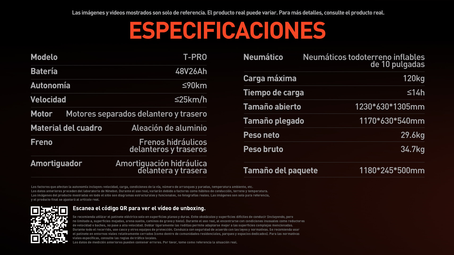 Tabla de especificaciones técnicas del patinete eléctrico T-PRO con detalles de batería, velocidad y peso.