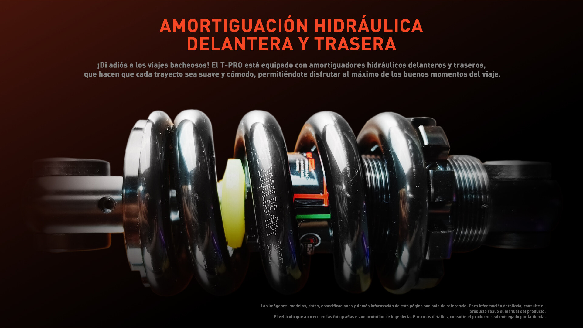 Resorte de suspensión hidráulica negro sobre fondo negro con texto naranja.