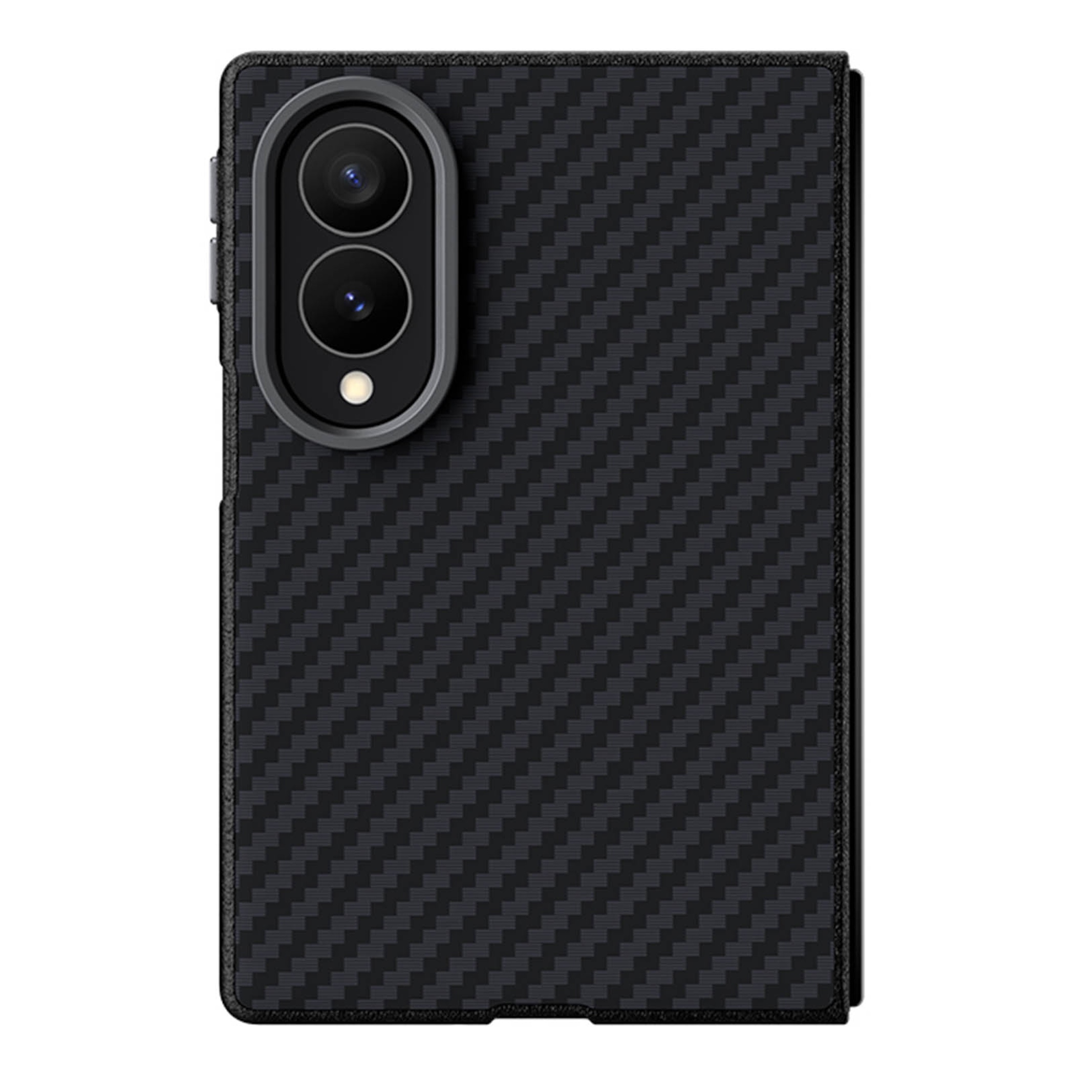Ein schwarzes Smartphone mit Karbonmuster auf der Rückseite und einer vertikalen Doppelkamera.