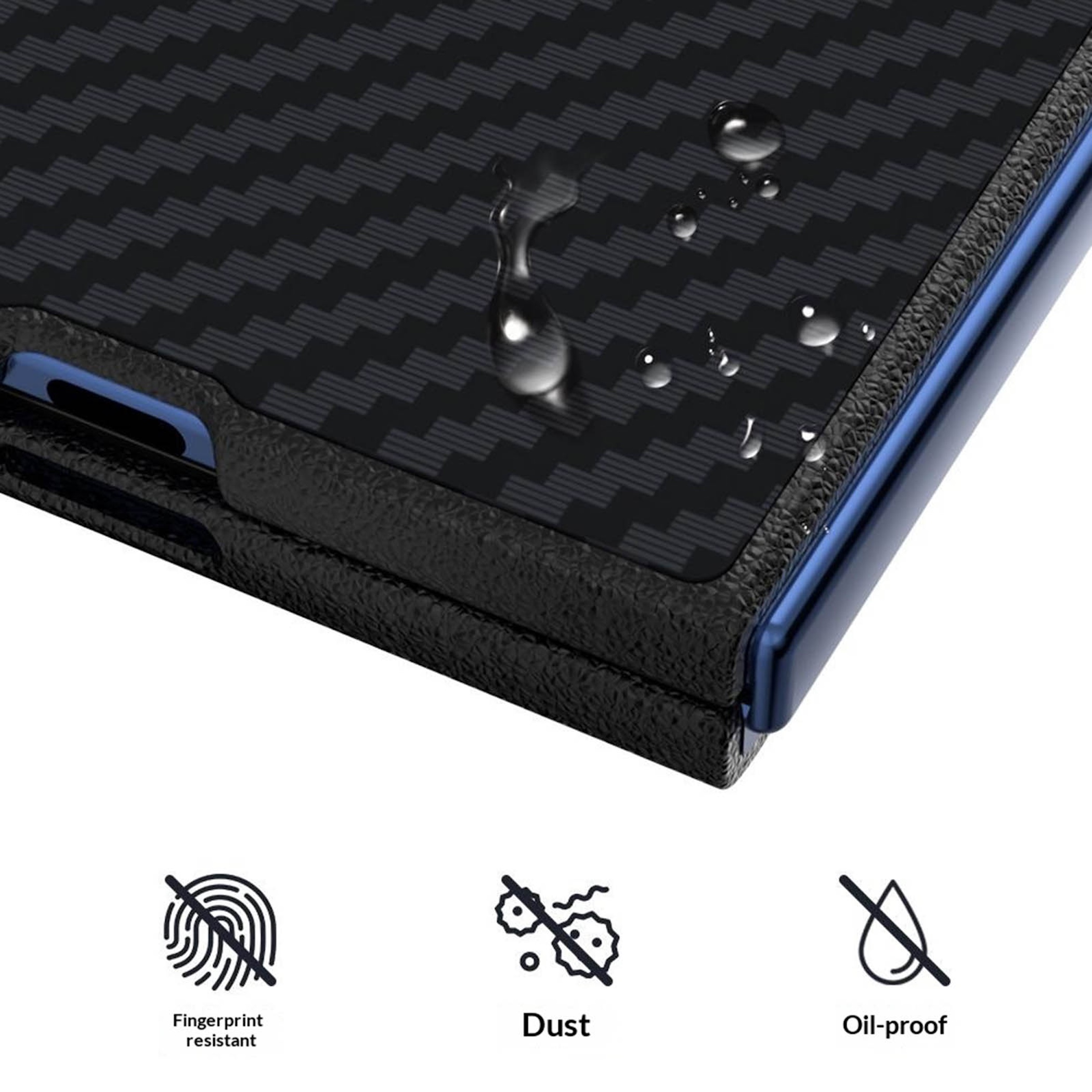 Wassertropfen auf einer schwarzen Carbonfaser-Handyhülle mit Icons für Fingerabdruck-, Staub- und Ölschutz.