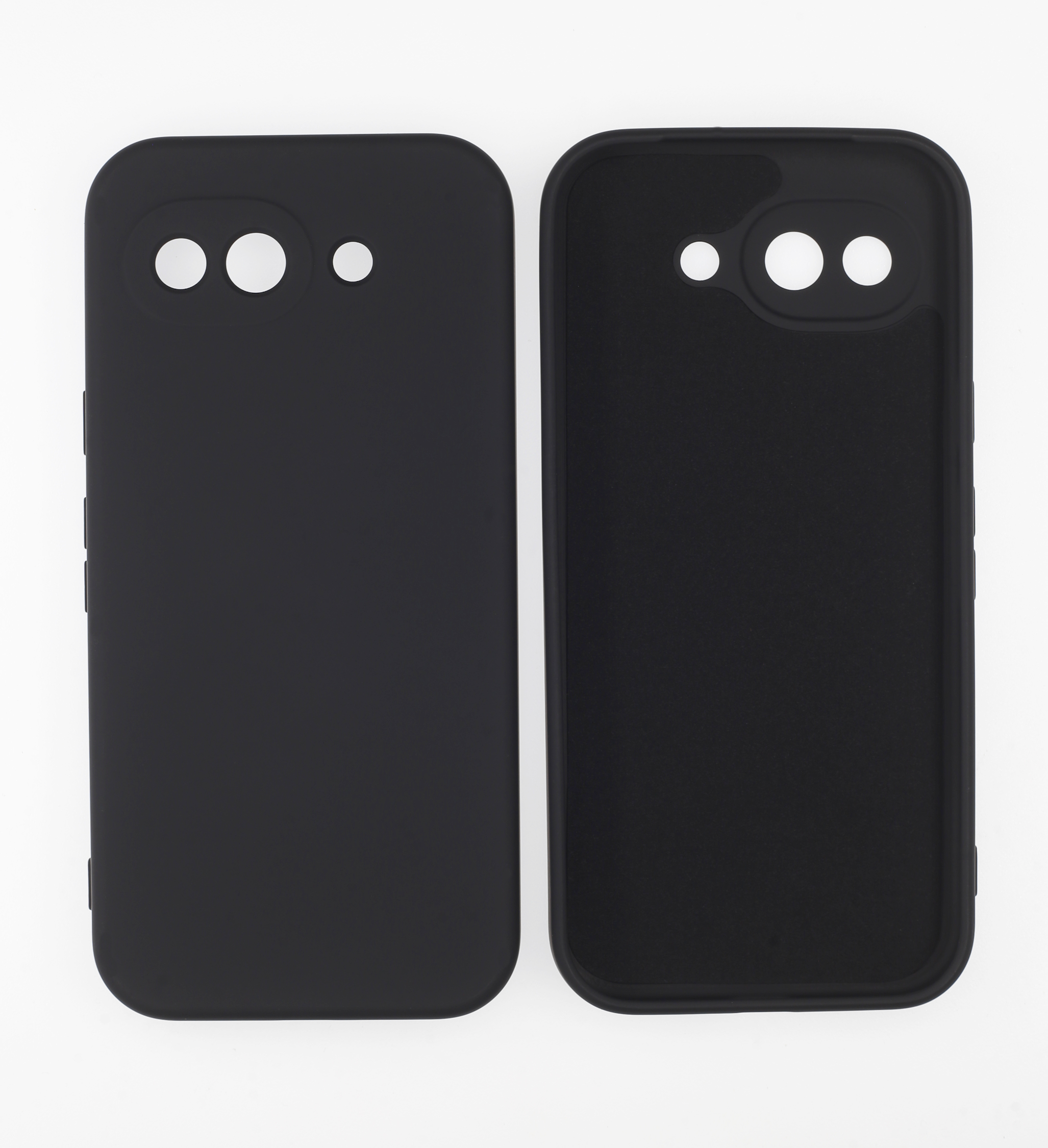 Zwei schwarze Smartphone-Hüllen auf weißem Hintergrund, eine Vorder- und eine Rückansicht.