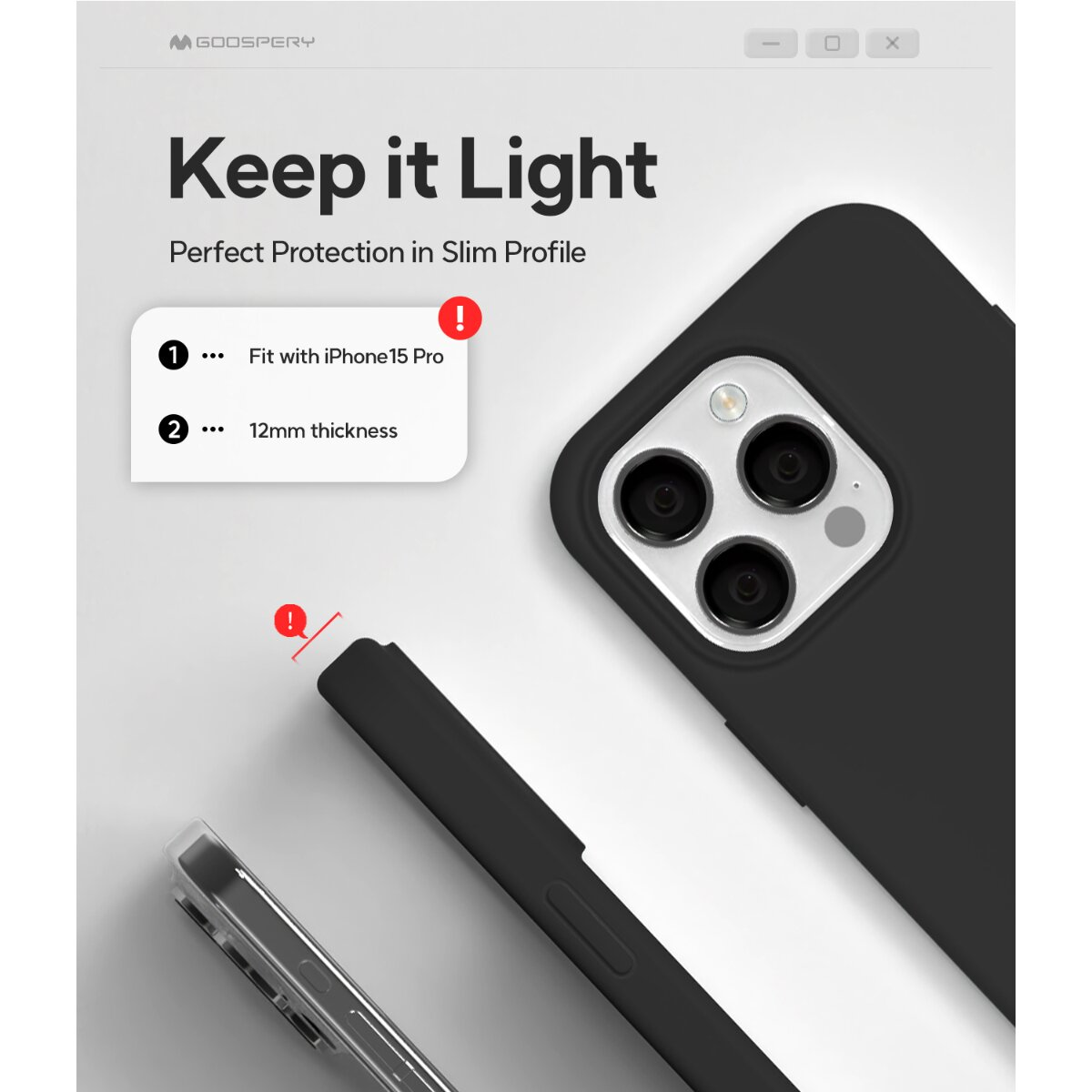 Schwarze iPhone 15 Pro Schutzhülle mit 12mm Dicke und Text.