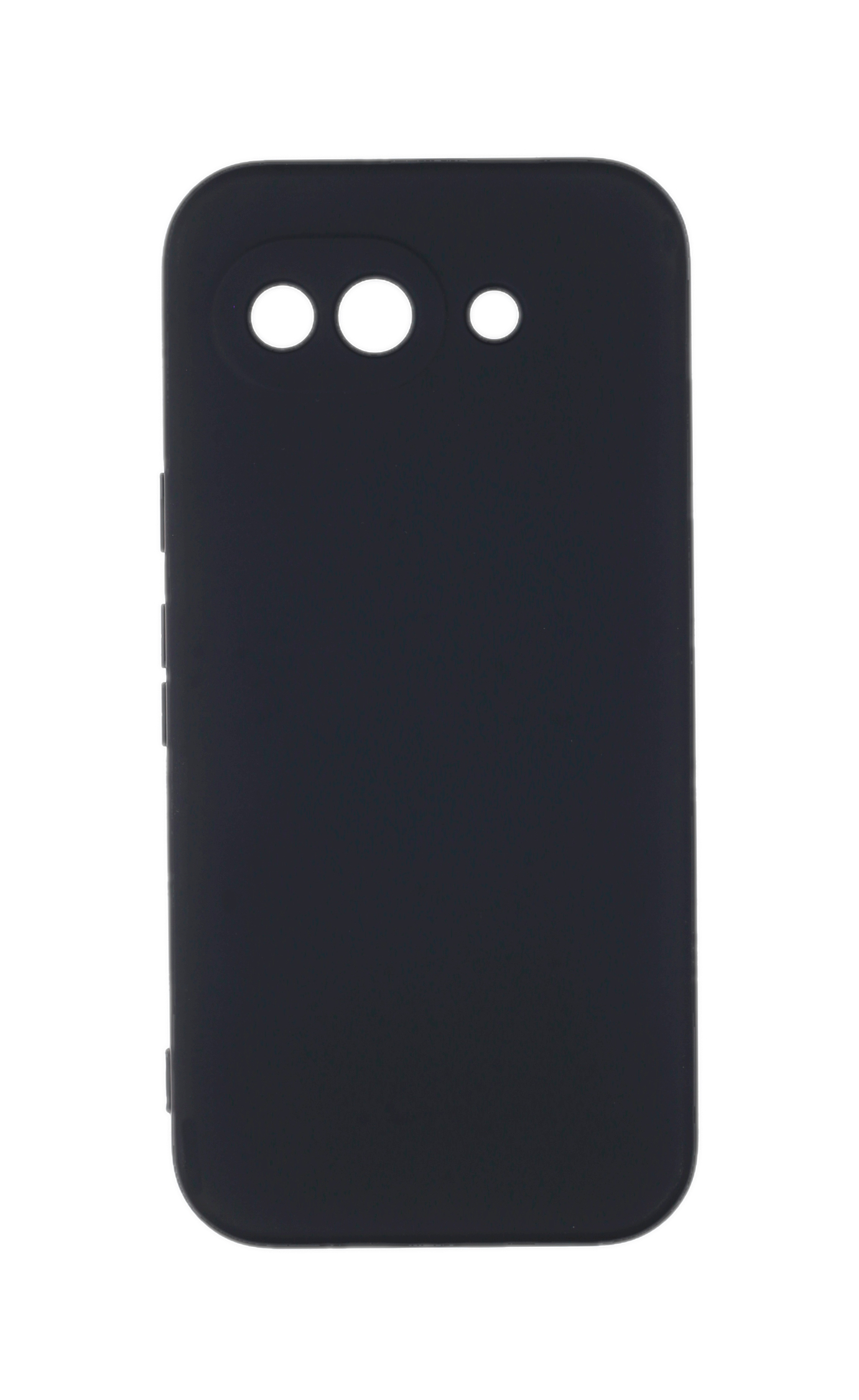Eine mattschwarze Smartphone-Hülle mit Kamera-Aussparungen auf weißem Hintergrund.