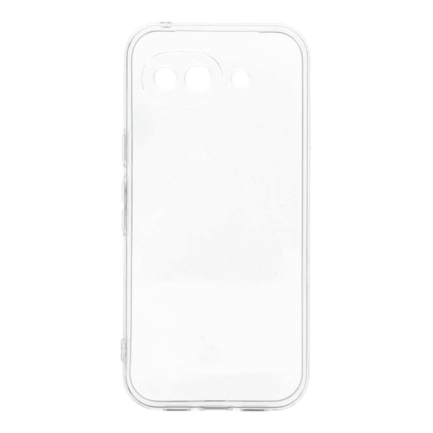 Eine transparente, klare Schutzhülle für ein Smartphone mit Aussparungen für Kamera und Blitz.