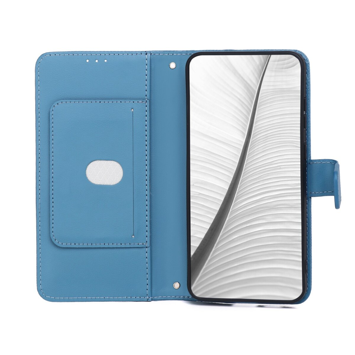 Ein offenes blaues Lederetui mit Taschen zeigt ein Smartphone mit einem Schwarz-Weiß-Blattmuster auf dem Bildschirm.