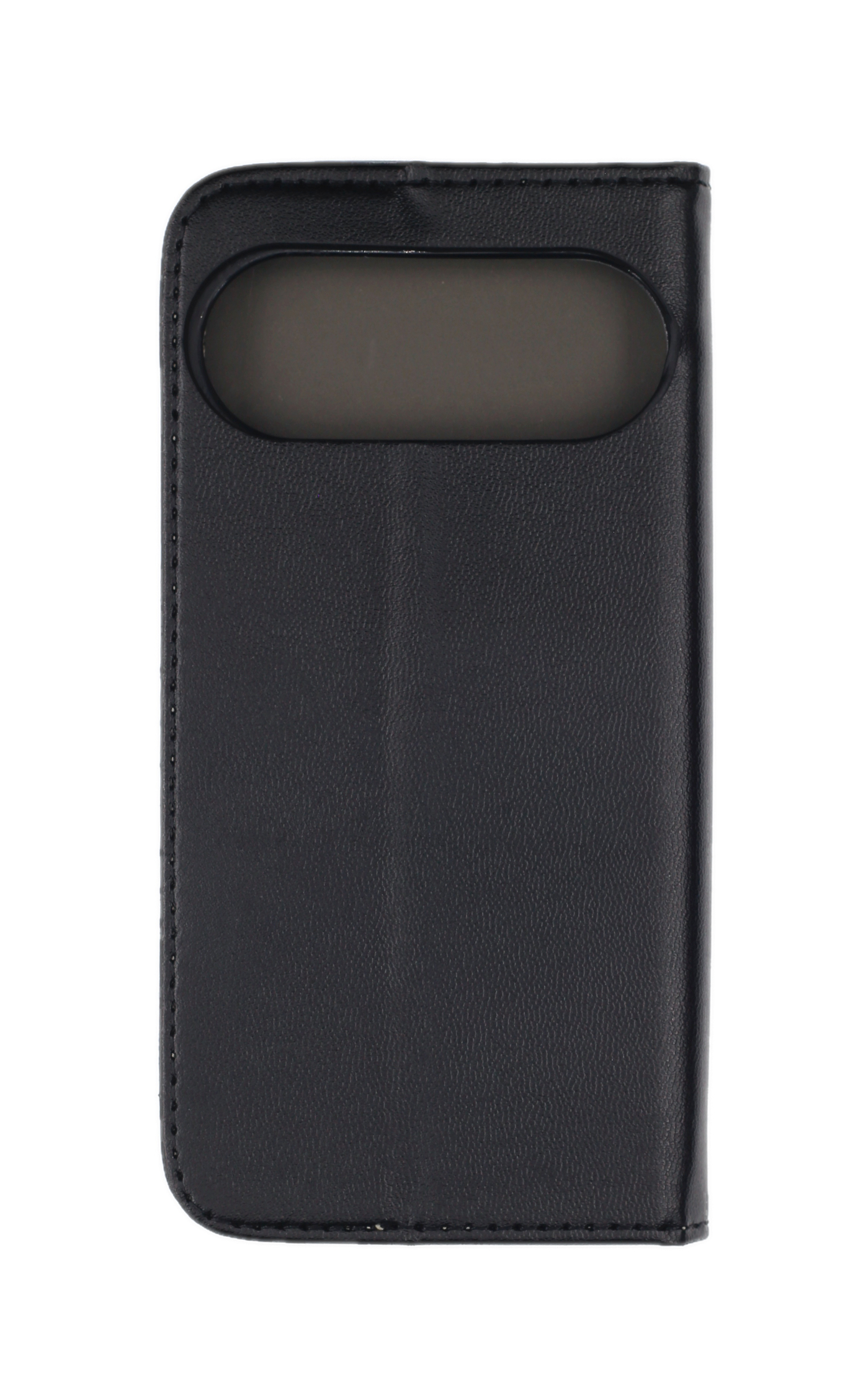 Eine geschlossene schwarze Handytasche aus Leder mit einem Sichtfenster oben auf einem weißen Hintergrund.