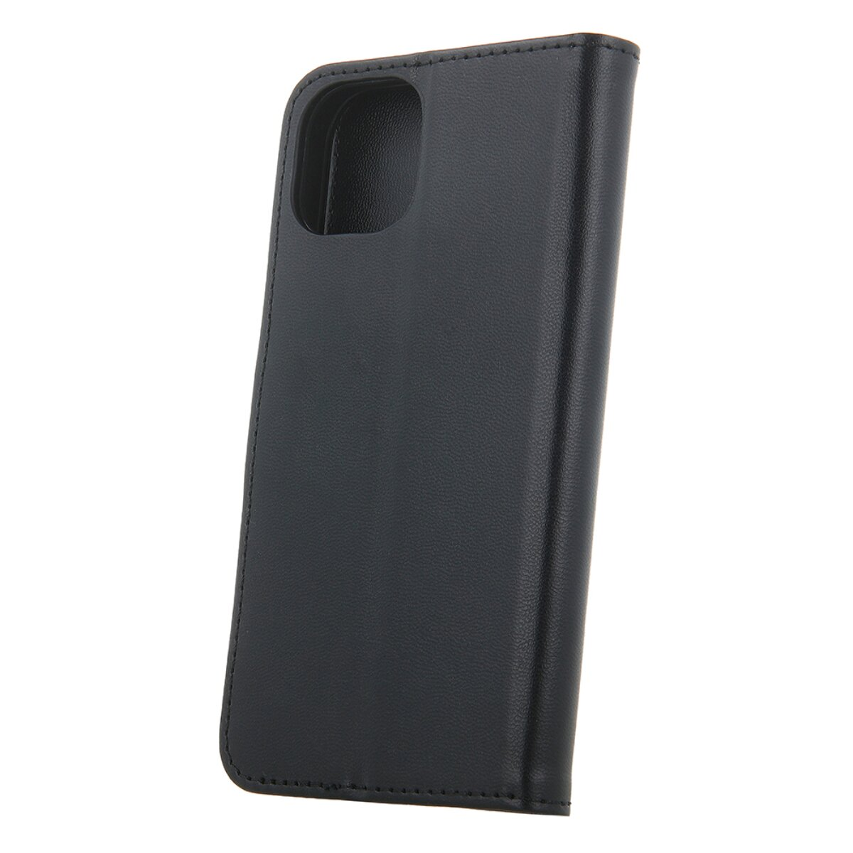 Schwarze Ledertasche für ein Mobiltelefon mit quadratischem Kameraausschnitt auf weißem Hintergrund.
