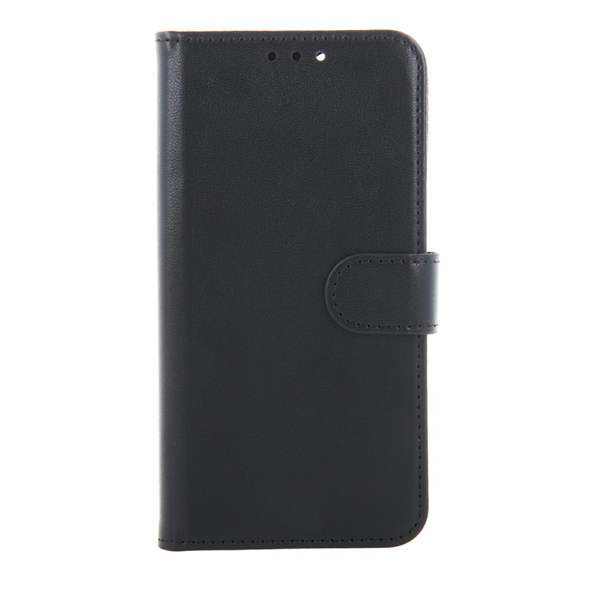 Eine schwarze, geschlossene Klapphülle für Smartphones aus Kunstleder vor weißem Hintergrund.
