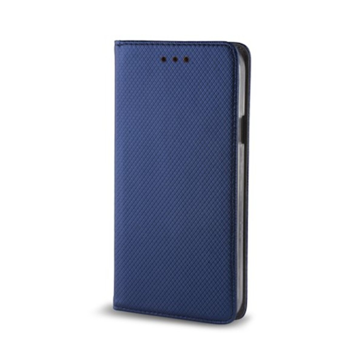 Blaue geschlossene Handytasche mit Strukturmuster und Ausschnitten für den Lautsprecher auf weißem Hintergrund.
