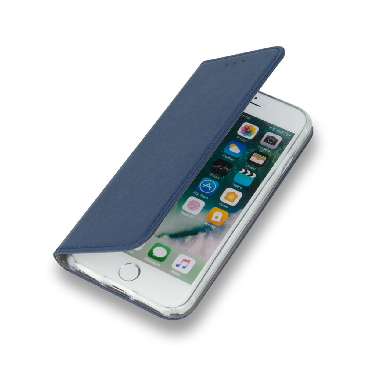 Ein weißes Smartphone in einer blauen Klapphülle zeigt bunte App-Symbole.