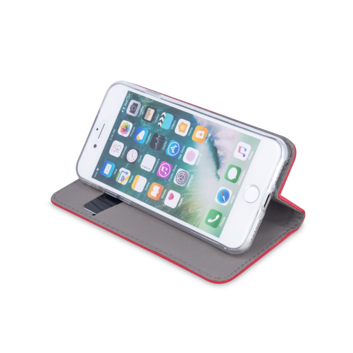 Ein weißes Smartphone in einer roten und grauen Klapphülle steht auf weißem Hintergrund.