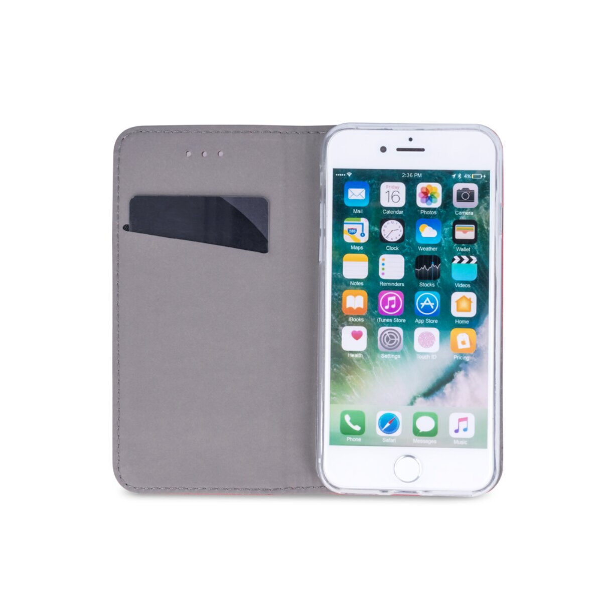 Ein weißes Smartphone in einem grauen Hüllen-Etui mit Kartenfach auf weißem Hintergrund.