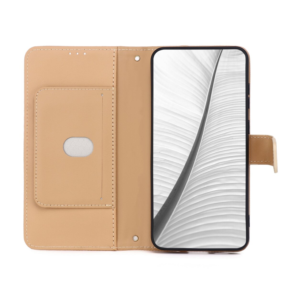 Beigefarbene Handy-Brieftasche mit offenem Cover, weißes Display mit Blättermotiv, weiße Nähte, weiße Hintergrundbeleuchtung.