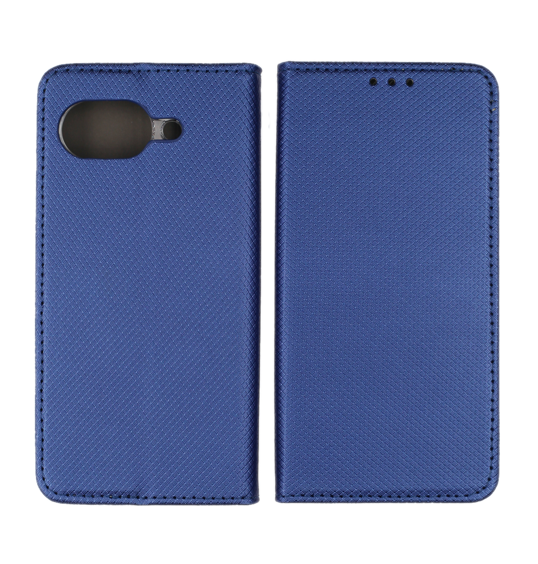 Blaue Leder-Klapphülle für Smartphones mit Kameraaussparung und Stichnähten.