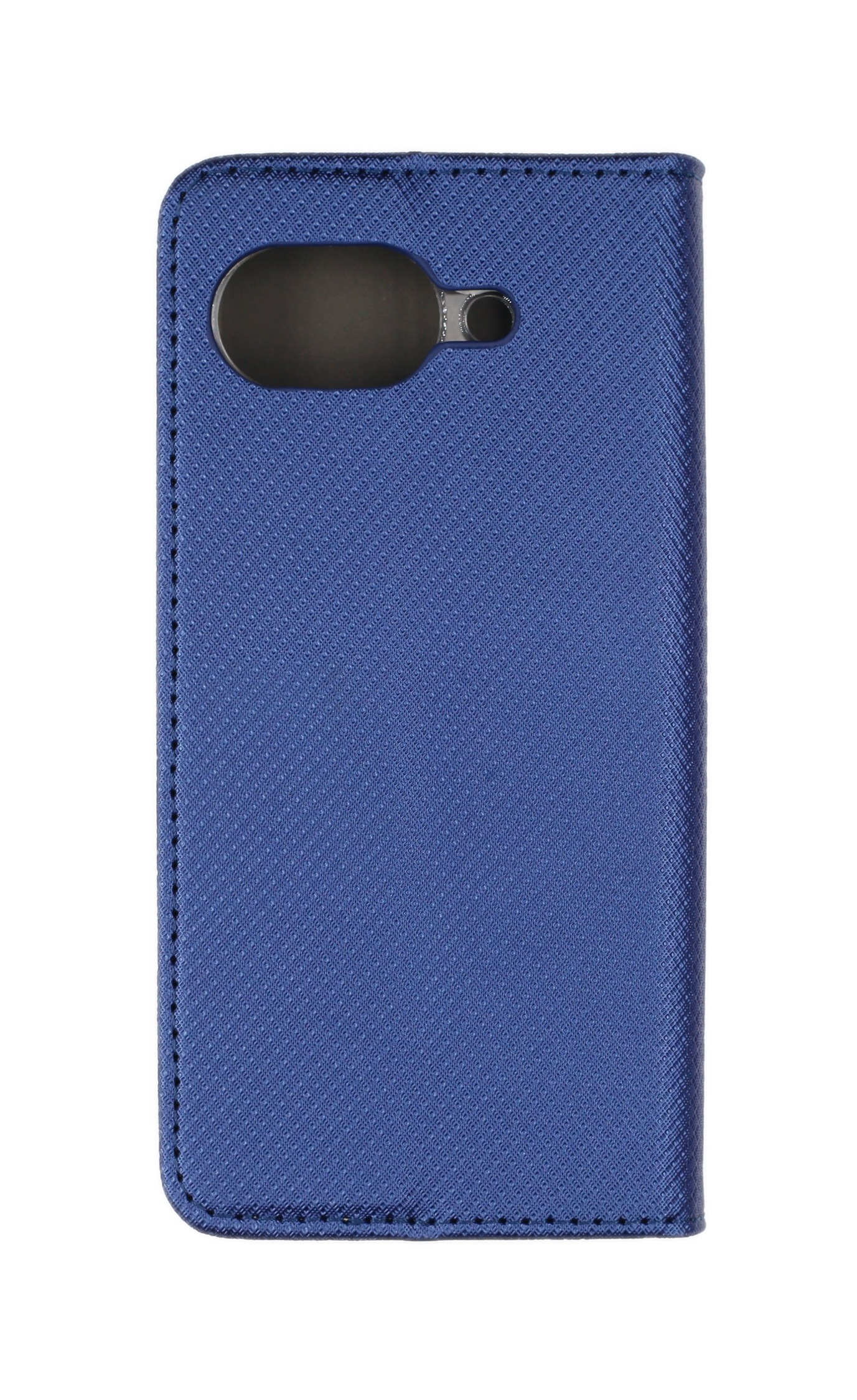 Blaue Handytasche mit genarbter Textur, schwarzen Nähten und Kameraaussparung auf weißem Grund.