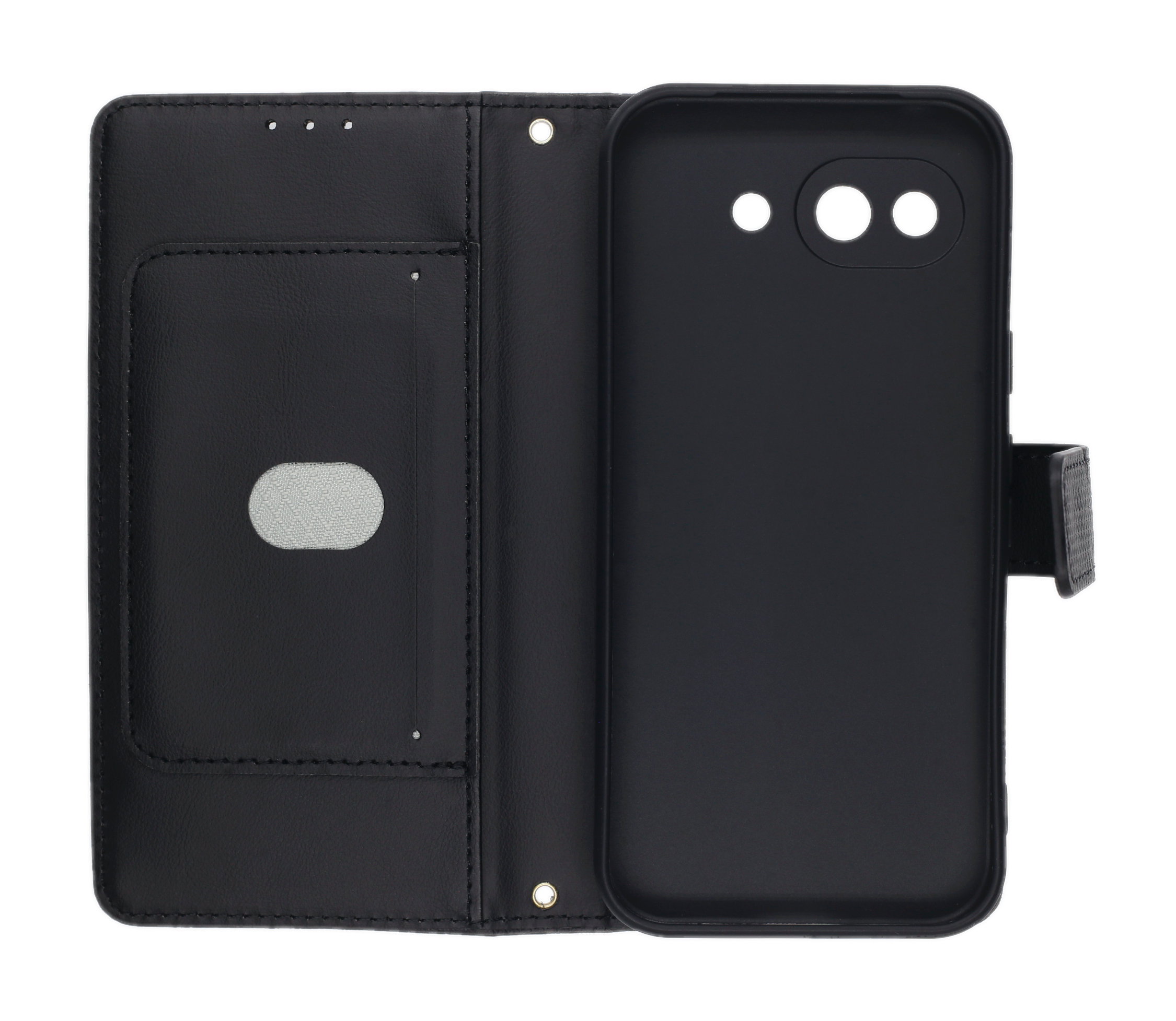 Schwarze Leder-Brieftaschen-Handyhülle mit Kartenfach und offenem Design.