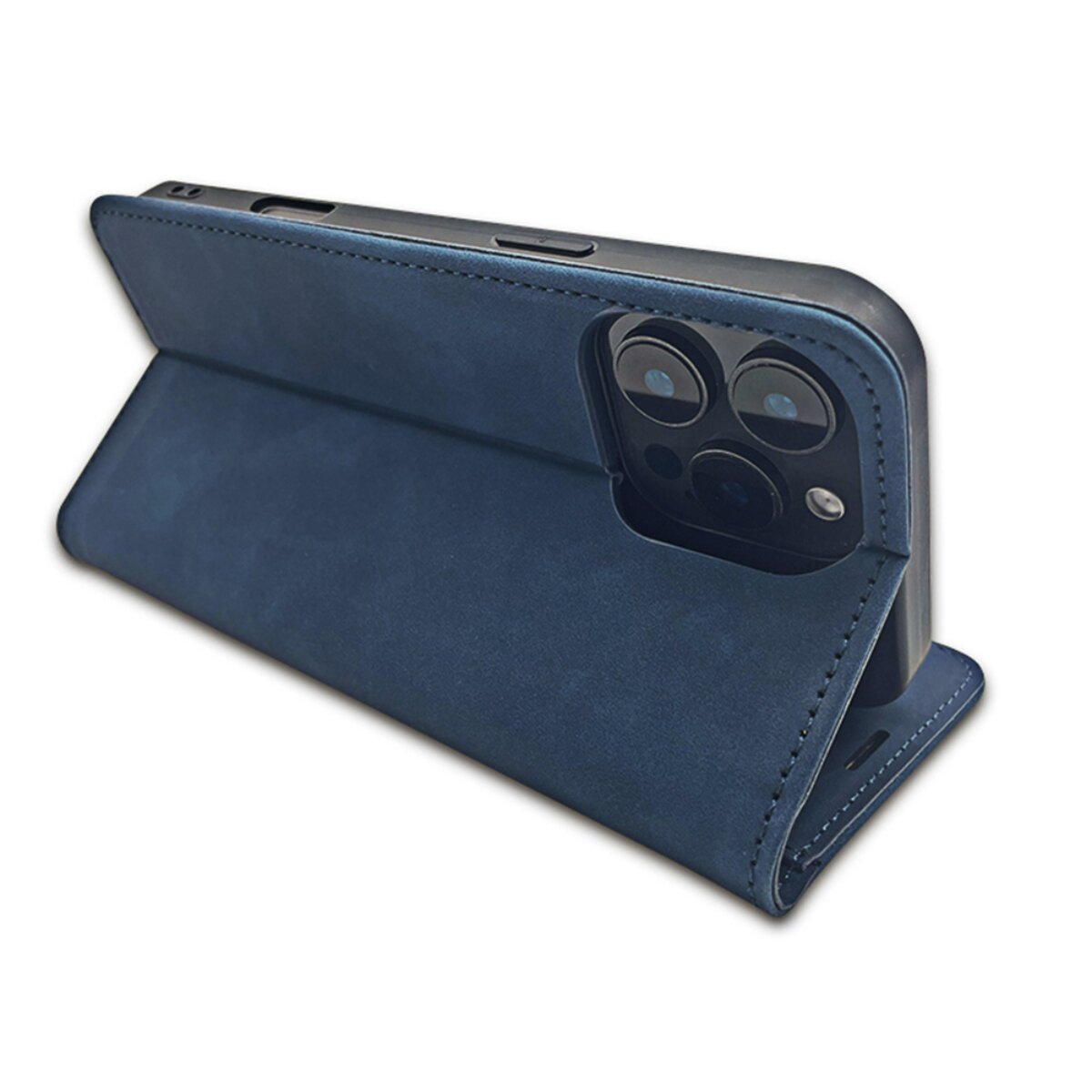 Eine dunkelblaue Smartphone-Klapphülle aus Leder, die auf einer weißen Oberfläche geöffnet ist.